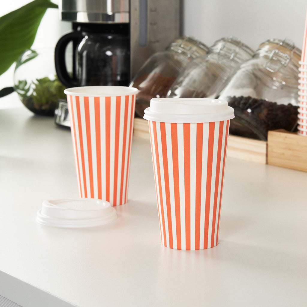 Restpresso 16 oz Orange and White Stripe Paper Single Wall Coffee Cup - with White Lid - 3 1/2"x 3 1/2"x 5 3/4" - 20 count box