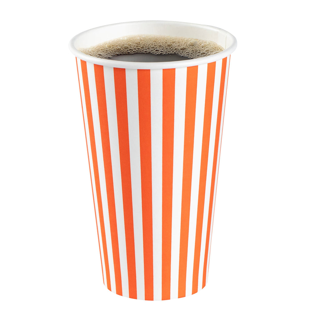 Restpresso 16 oz Orange and White Stripe Paper Single Wall Coffee Cup - with White Lid - 3 1/2"x 3 1/2"x 5 3/4" - 400 count box
