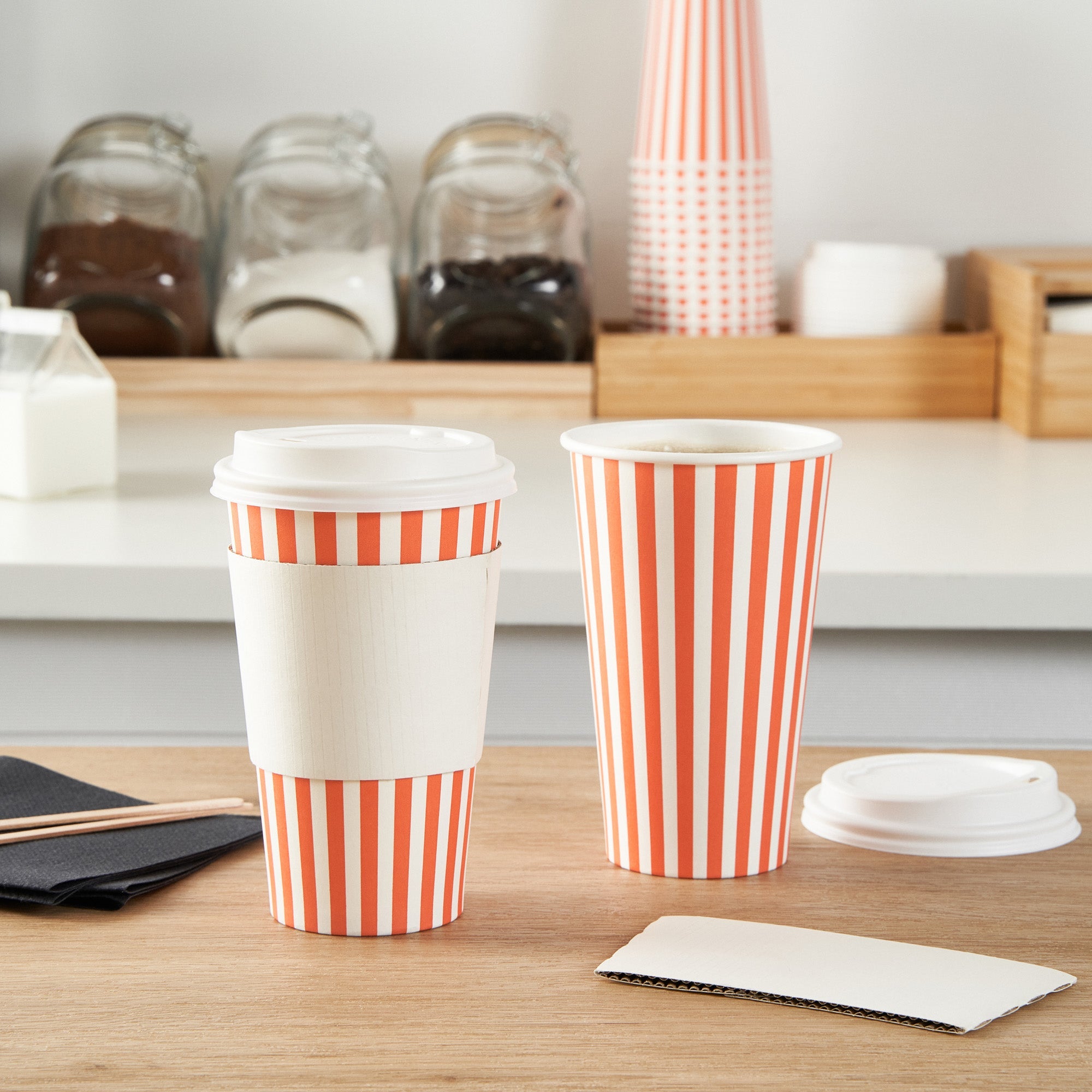 Restpresso 16 oz Orange and White Stripe Paper Single Wall Coffee Cup - with White Lid - 3 1/2"x 3 1/2"x 5 3/4" - 400 count box