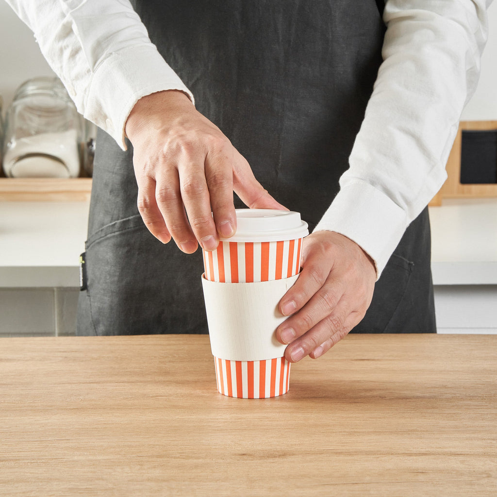 Restpresso 16 oz Orange and White Stripe Paper Single Wall Coffee Cup - with White Lid - 3 1/2"x 3 1/2"x 5 3/4" - 400 count box