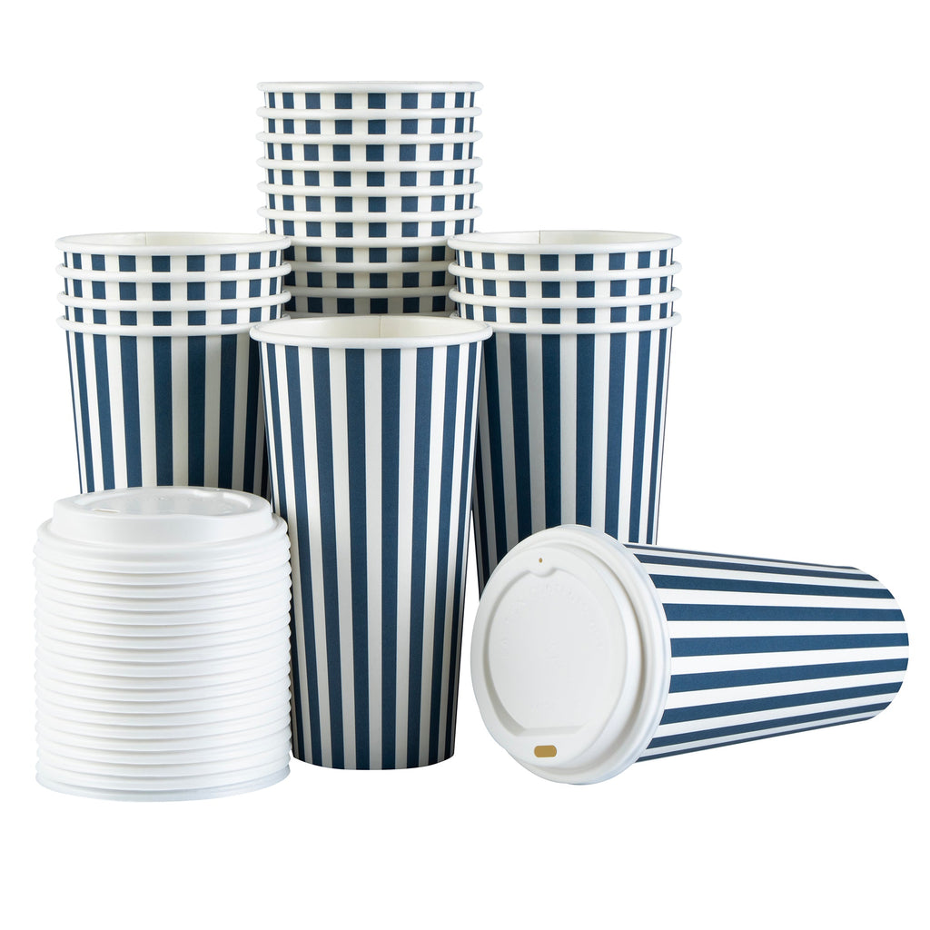Restpresso 20 oz Blue and White Stripe Paper Single Wall Coffee Cup - with White Lid - 3 1/2"x 3 1/2"x 6 1/2" - 20 count box