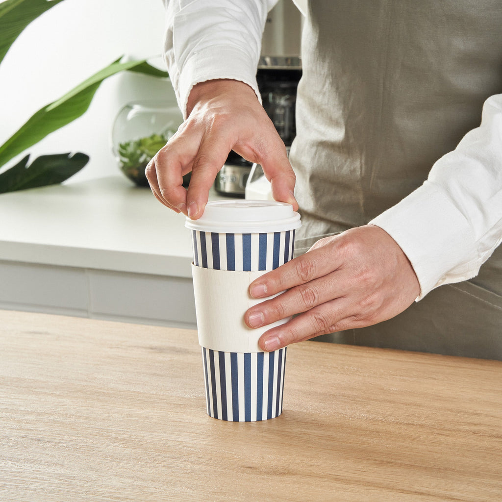 Restpresso 20 oz Blue and White Stripe Paper Single Wall Coffee Cup - with White Lid - 3 1/2"x 3 1/2"x 6 1/2" - 20 count box