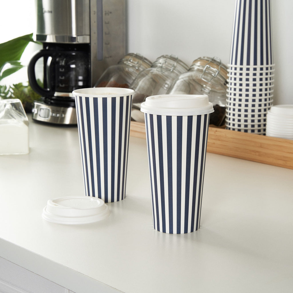 Restpresso 20 oz Blue and White Stripe Paper Single Wall Coffee Cup - with White Lid - 3 1/2"x 3 1/2"x 6 1/2" - 20 count box