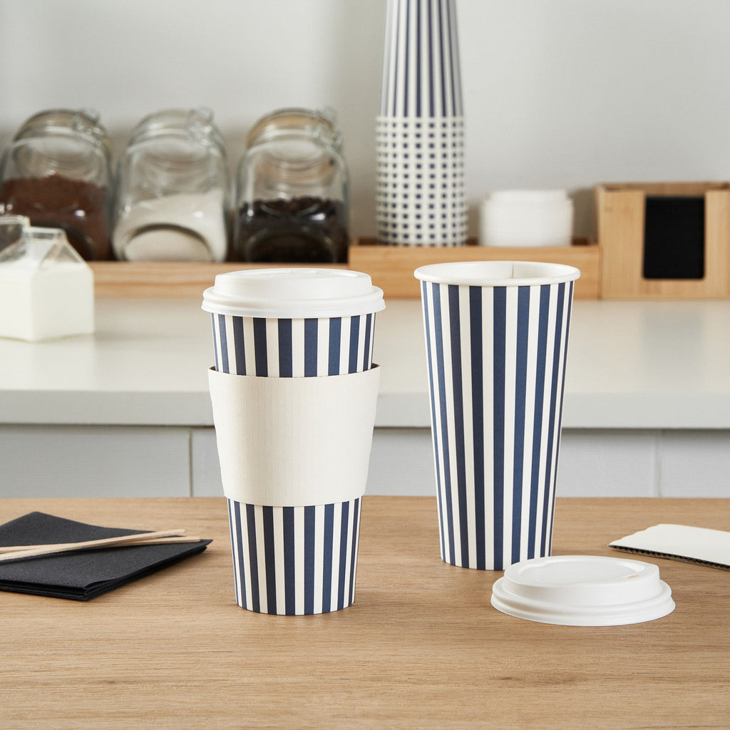 Restpresso 20 oz Blue and White Stripe Paper Single Wall Coffee Cup - with White Lid - 3 1/2"x 3 1/2"x 6 1/2" - 400 count box