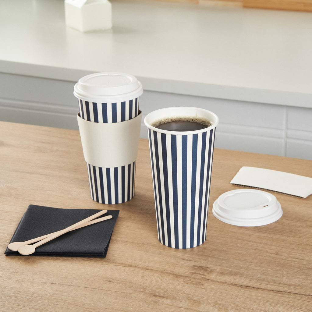 Restpresso 20 oz Blue and White Stripe Paper Single Wall Coffee Cup - with White Lid - 3 1/2"x 3 1/2"x 6 1/2" - 400 count box