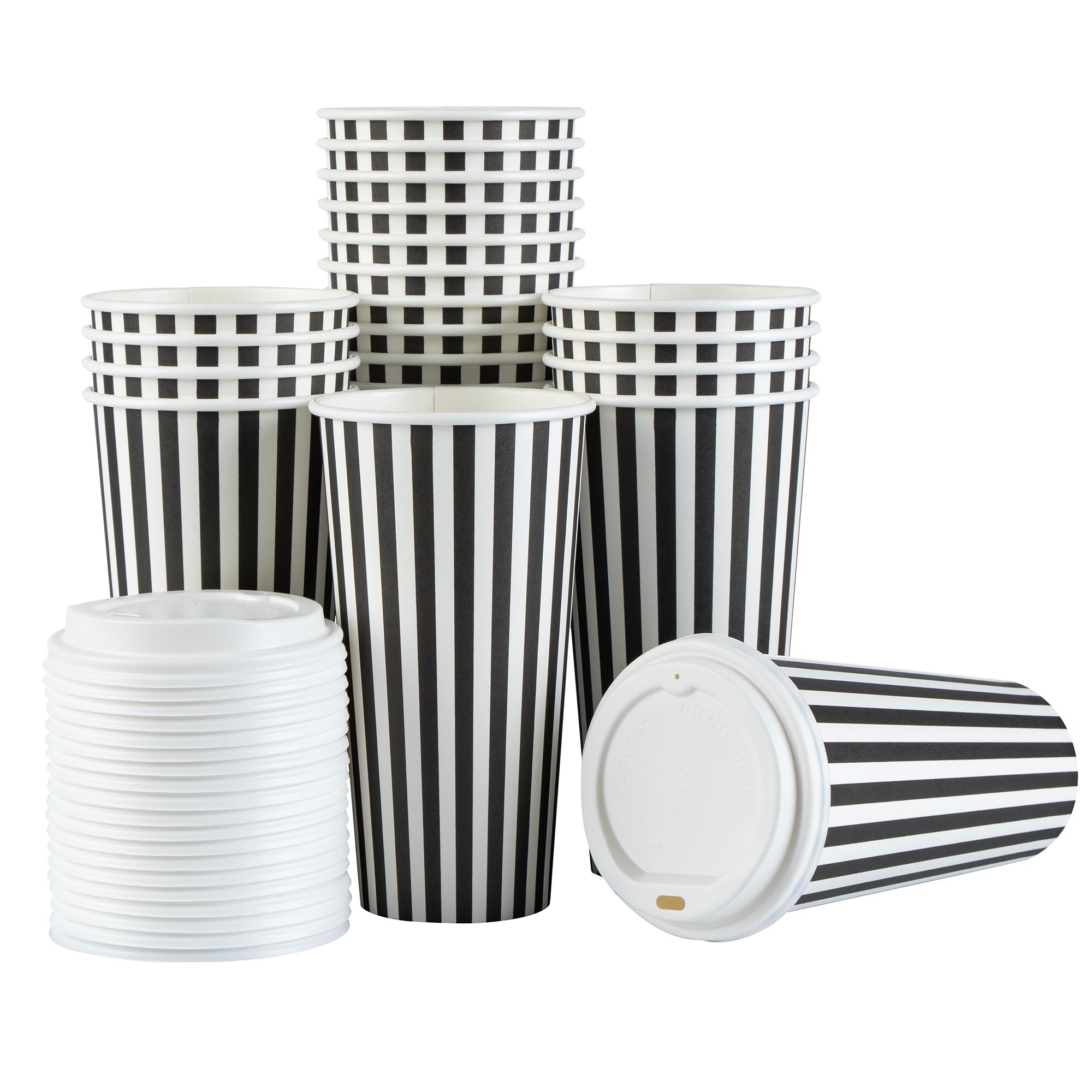 Restpresso 20 oz Black and White Stripe Paper Single Wall Coffee Cup - with White Lid - 3 1/2"x 3 1/2"x 6 1/2" - 20 count box