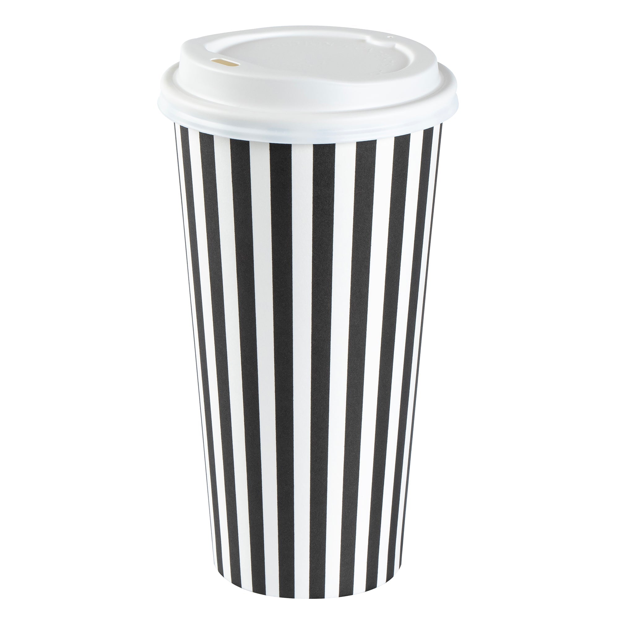 Restpresso 20 oz Black and White Stripe Paper Single Wall Coffee Cup - with White Lid - 3 1/2"x 3 1/2"x 6 1/2" - 20 count box