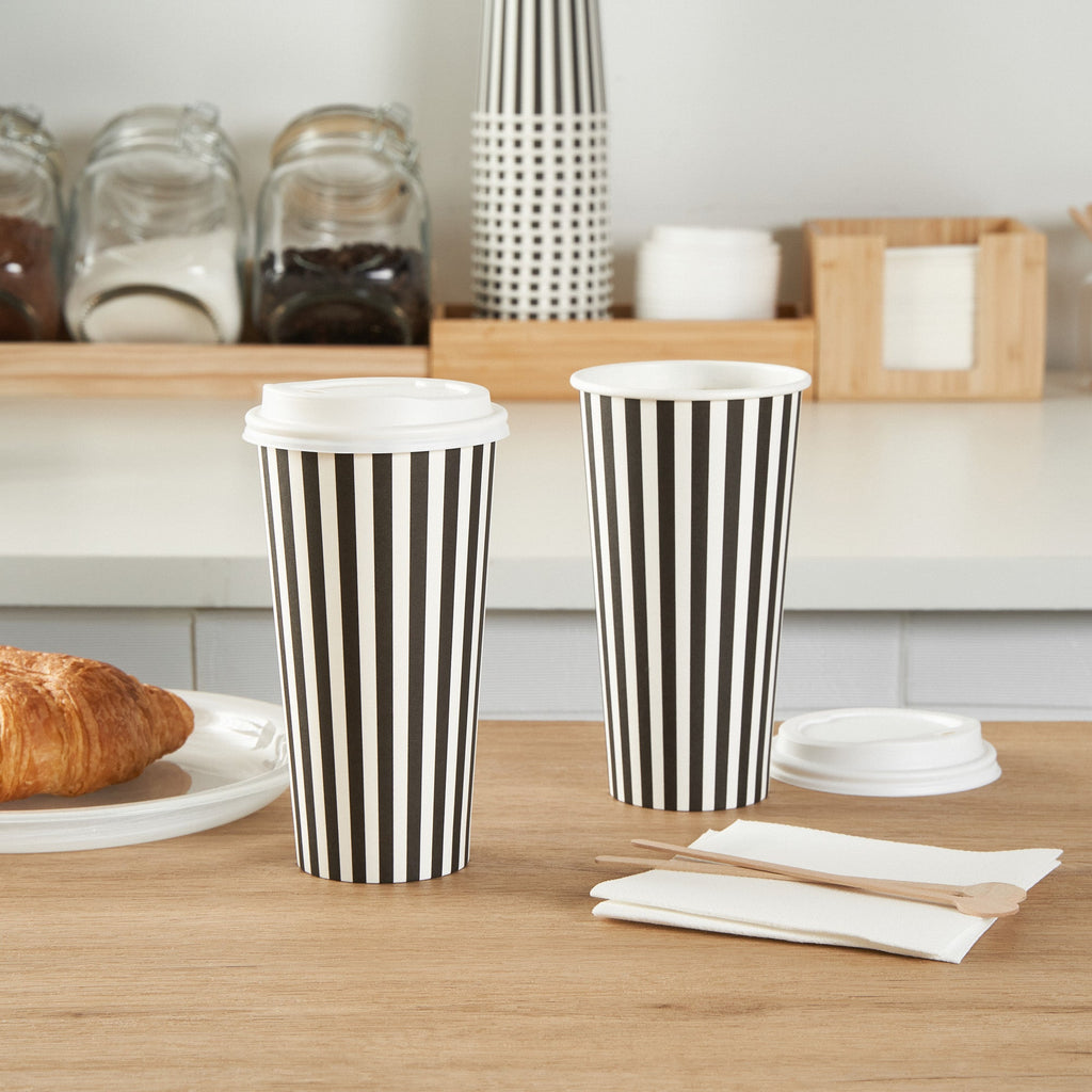 Restpresso 20 oz Black and White Stripe Paper Single Wall Coffee Cup - with White Lid - 3 1/2"x 3 1/2"x 6 1/2" - 20 count box