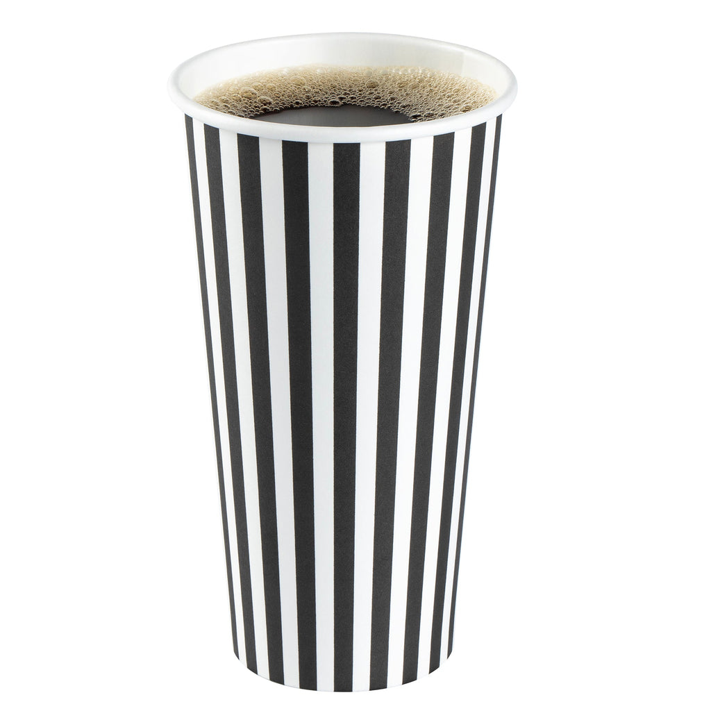 Restpresso 20 oz Black and White Stripe Paper Single Wall Coffee Cup - with White Lid - 3 1/2"x 3 1/2"x 6 1/2" - 400 count box