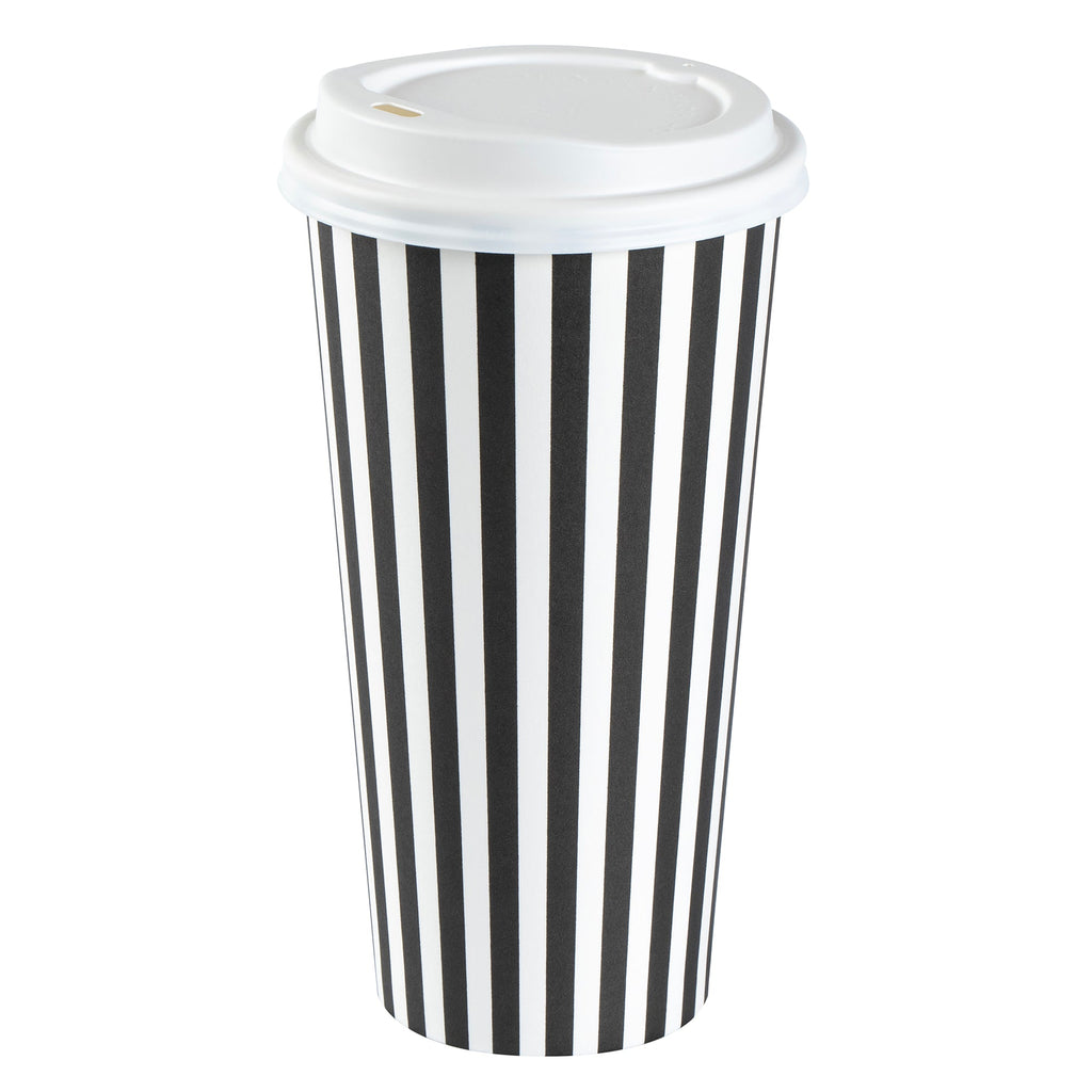 Restpresso 20 oz Black and White Stripe Paper Single Wall Coffee Cup - with White Lid - 3 1/2"x 3 1/2"x 6 1/2" - 400 count box