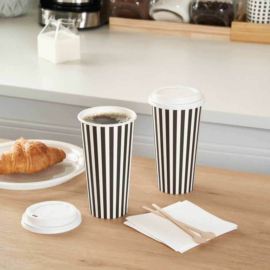 Restpresso 20 oz Black and White Stripe Paper Single Wall Coffee Cup - with White Lid - 3 1/2"x 3 1/2"x 6 1/2" - 400 count box