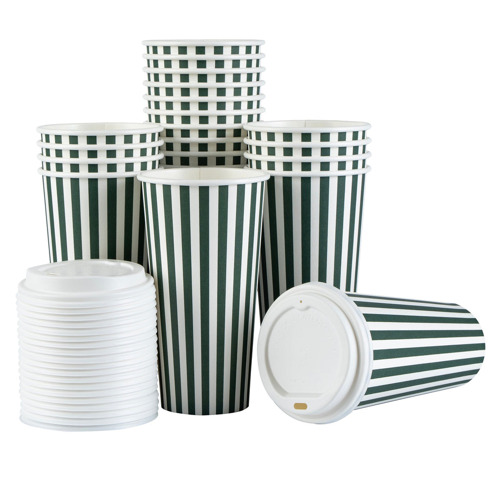 Restpresso 20 oz Forest Green and White Stripe Paper Single Wall Coffee Cup - with White Lid - 3 1/2"x 3 1/2"x 6 1/2" - 20 count box