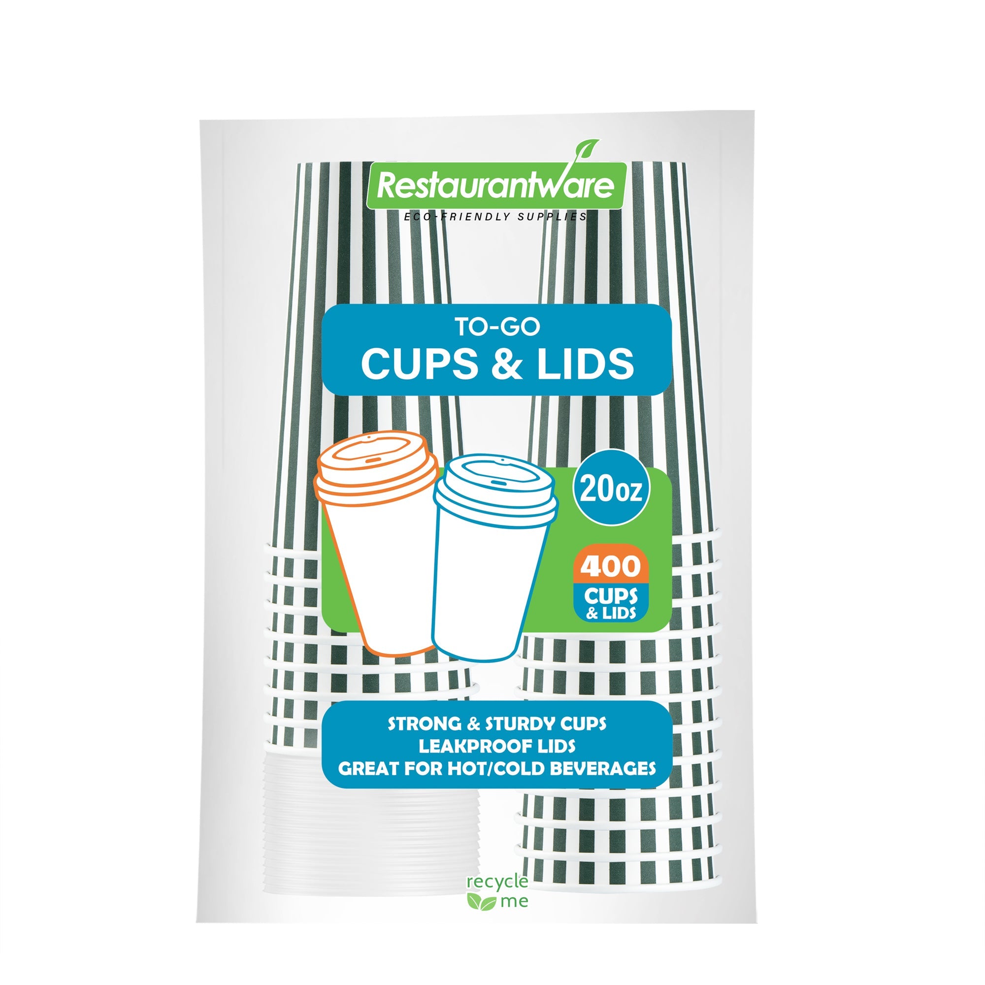 Restpresso 20 oz Forest Green and White Stripe Paper Single Wall Coffee Cup - with White Lid - 3 1/2"x 3 1/2"x 6 1/2" - 20 count box