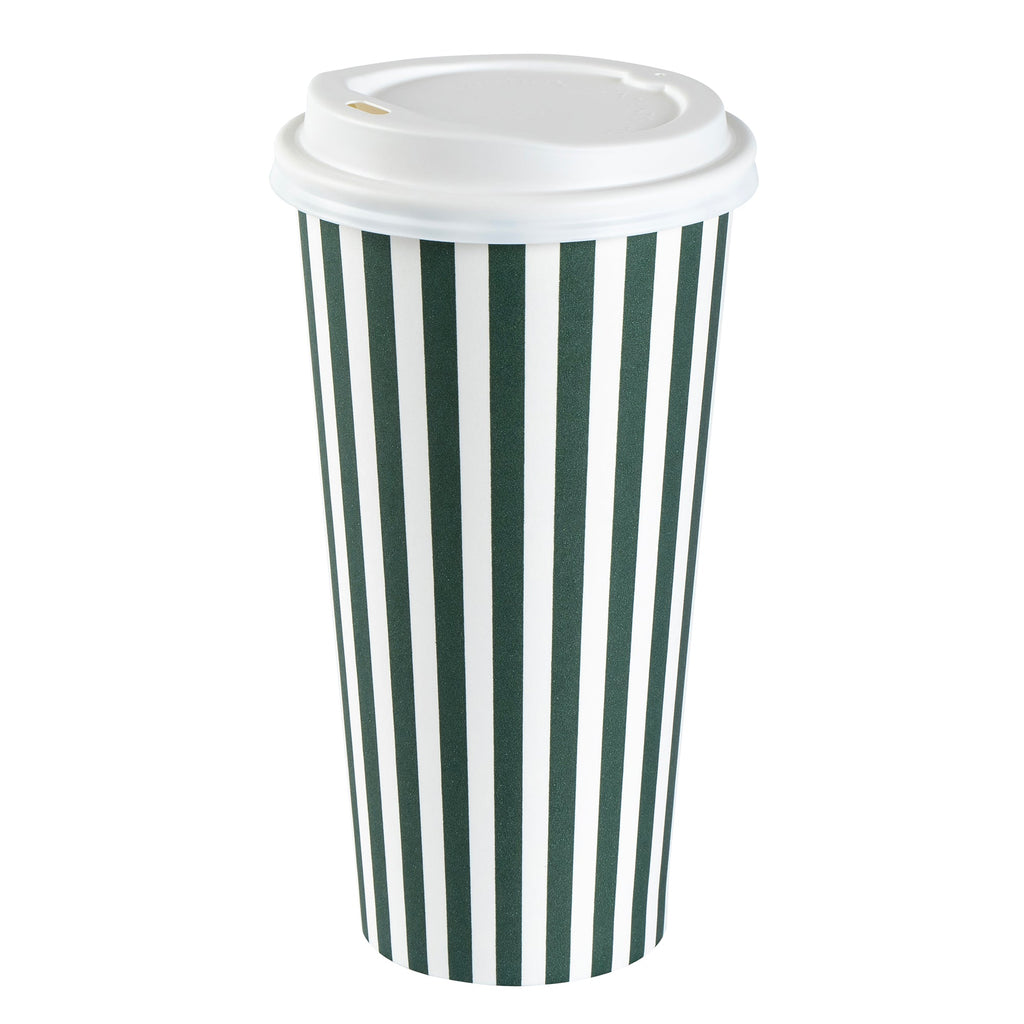 Restpresso 20 oz Forest Green and White Stripe Paper Single Wall Coffee Cup - with White Lid - 3 1/2"x 3 1/2"x 6 1/2" - 20 count box