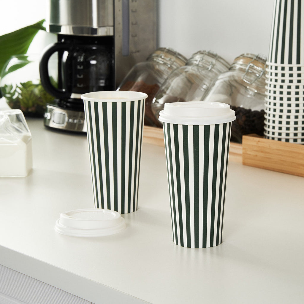 Restpresso 20 oz Forest Green and White Stripe Paper Single Wall Coffee Cup - with White Lid - 3 1/2"x 3 1/2"x 6 1/2" - 20 count box