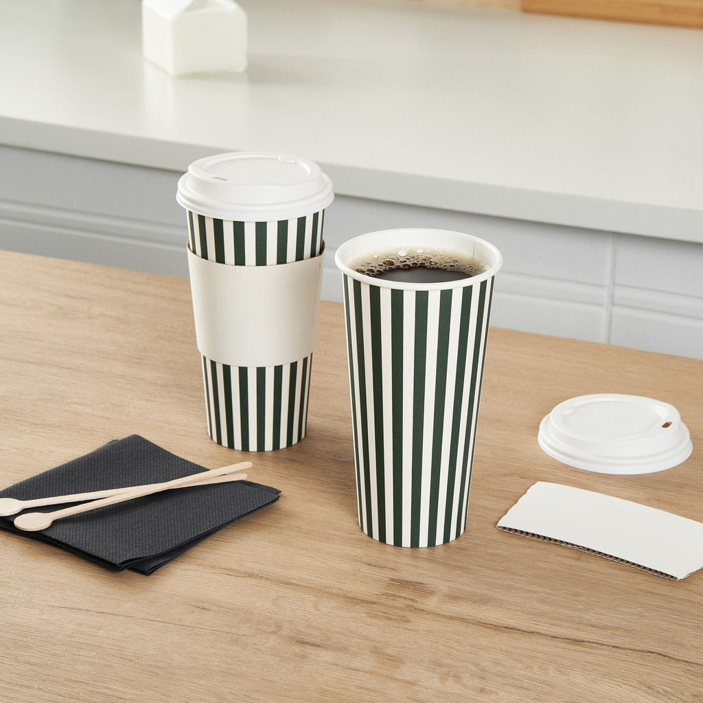 Restpresso 20 oz Forest Green and White Stripe Paper Single Wall Coffee Cup - with White Lid - 3 1/2"x 3 1/2"x 6 1/2" - 400 count box