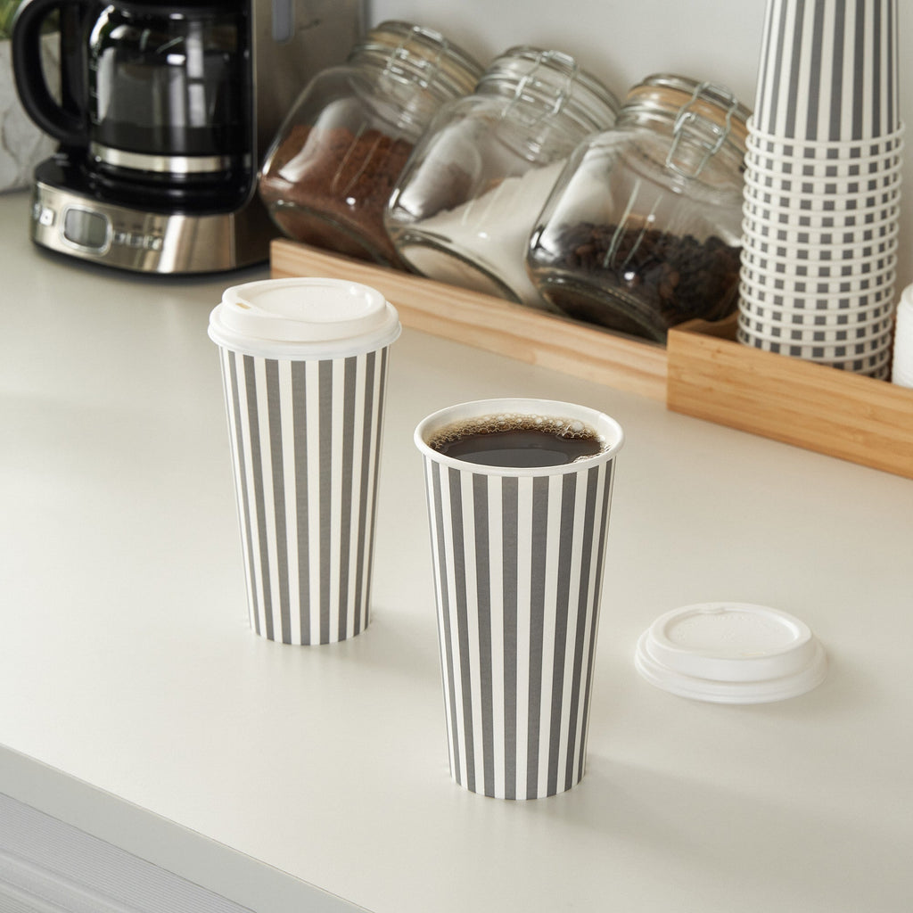 Restpresso 20 oz Gray and White Stripe Paper Single Wall Coffee Cup - with White Lid - 3 1/2"x 3 1/2"x 6 1/2" - 20 count box
