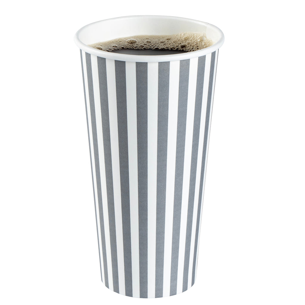 Restpresso 20 oz Gray and White Stripe Paper Single Wall Coffee Cup - with White Lid - 3 1/2"x 3 1/2"x 6 1/2" - 20 count box