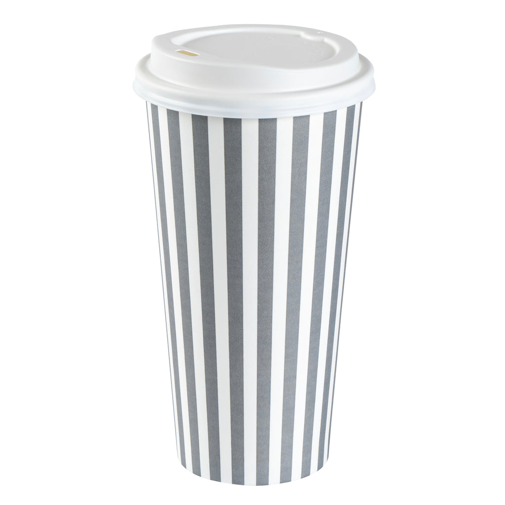 Restpresso 20 oz Gray and White Stripe Paper Single Wall Coffee Cup - with White Lid - 3 1/2"x 3 1/2"x 6 1/2" - 400 count box