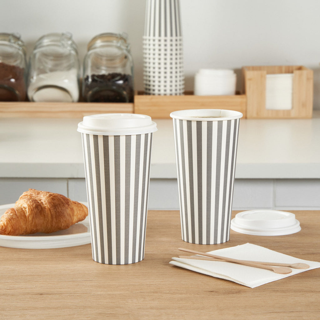 Restpresso 20 oz Gray and White Stripe Paper Single Wall Coffee Cup - with White Lid - 3 1/2"x 3 1/2"x 6 1/2" - 400 count box