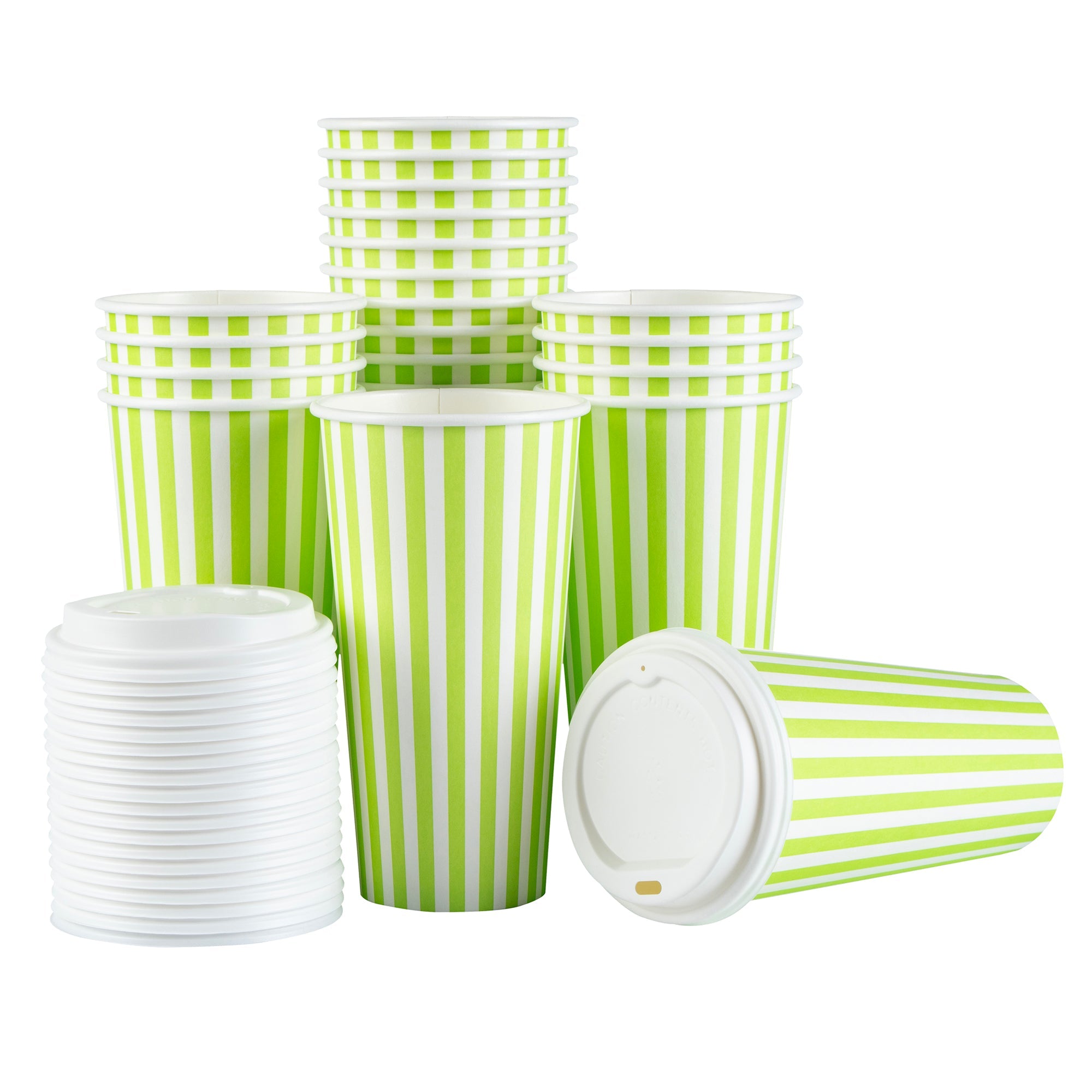 Restpresso 20 oz Green and White Stripe Paper Single Wall Coffee Cup - with White Lid - 3 1/2"x 3 1/2"x 6 1/2" - 400 count box