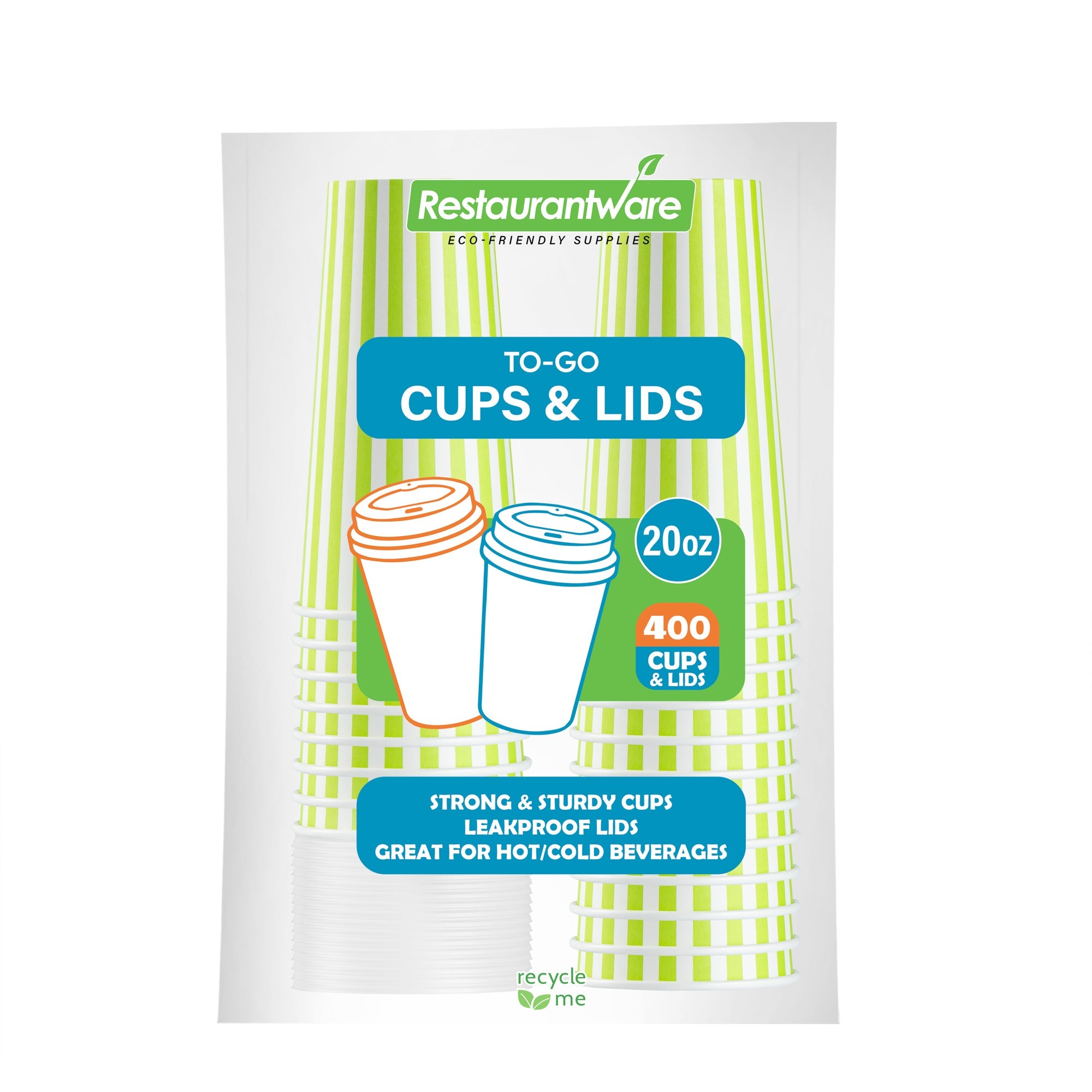 Restpresso 20 oz Green and White Stripe Paper Single Wall Coffee Cup - with White Lid - 3 1/2"x 3 1/2"x 6 1/2" - 20 count box