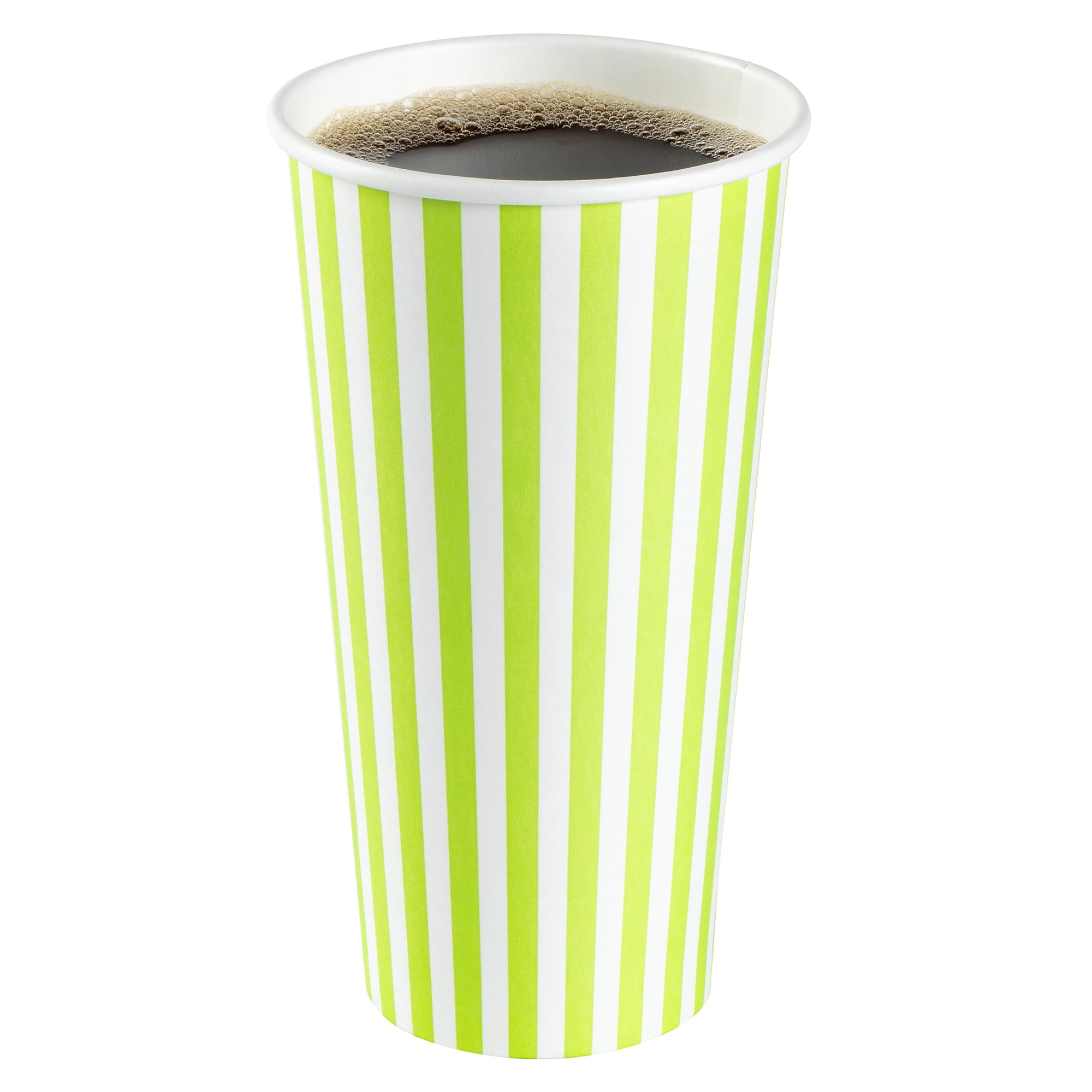 Restpresso 20 oz Green and White Stripe Paper Single Wall Coffee Cup - with White Lid - 3 1/2"x 3 1/2"x 6 1/2" - 20 count box