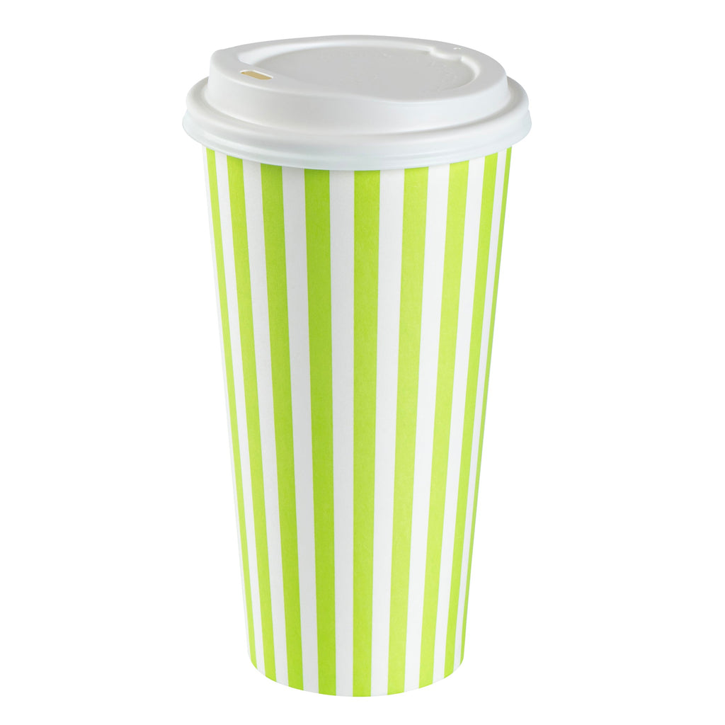 Restpresso 20 oz Green and White Stripe Paper Single Wall Coffee Cup - with White Lid - 3 1/2"x 3 1/2"x 6 1/2" - 20 count box