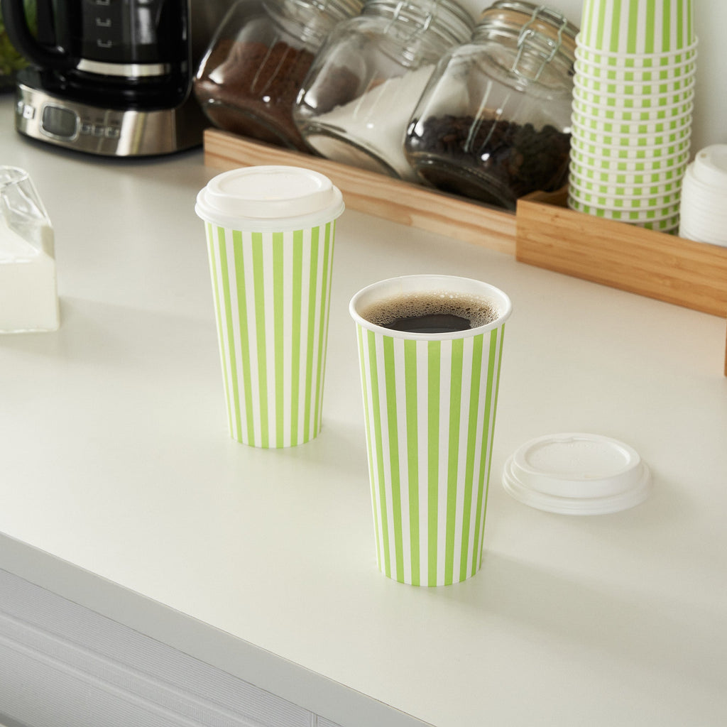 Restpresso 20 oz Green and White Stripe Paper Single Wall Coffee Cup - with White Lid - 3 1/2"x 3 1/2"x 6 1/2" - 400 count box