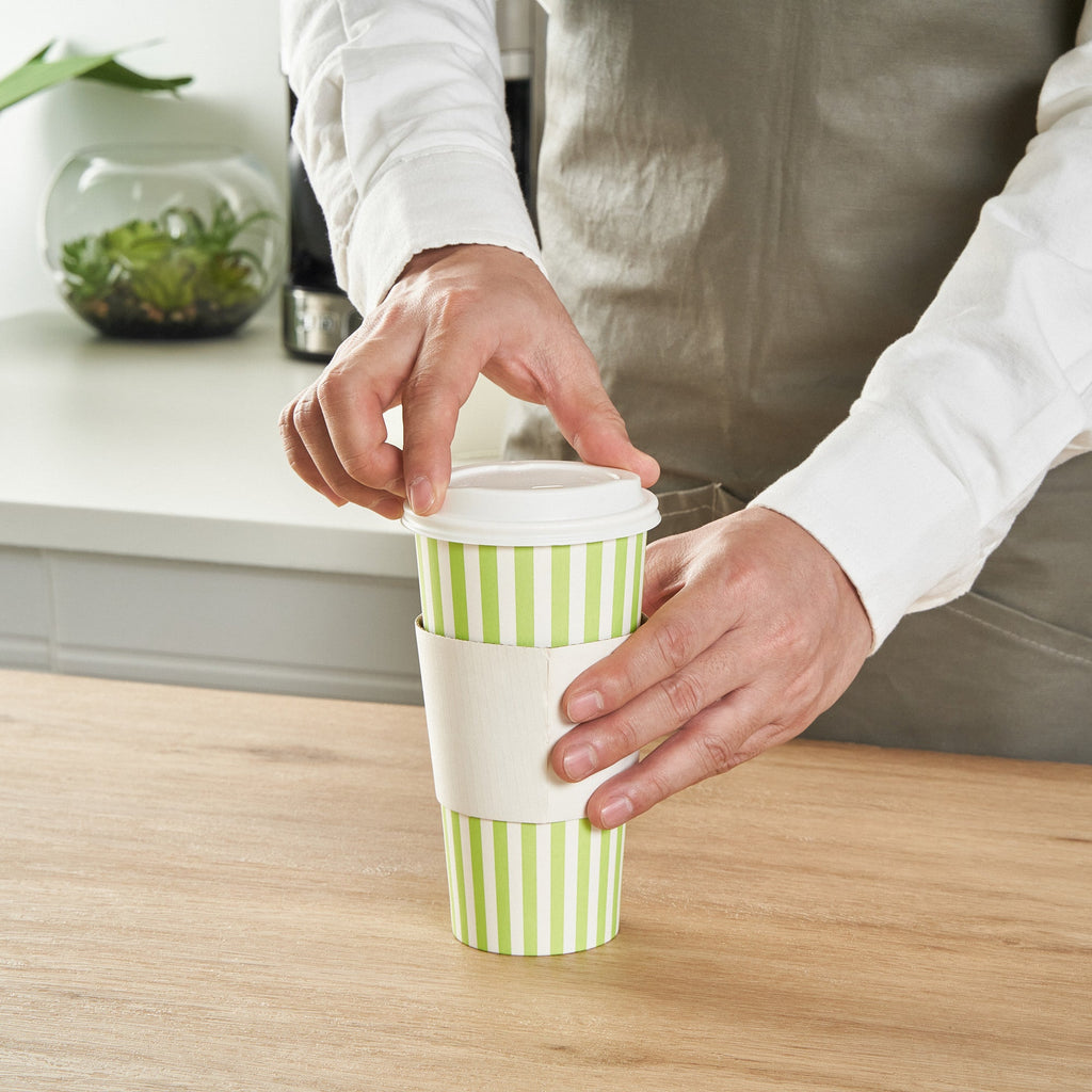 Restpresso 20 oz Green and White Stripe Paper Single Wall Coffee Cup - with White Lid - 3 1/2"x 3 1/2"x 6 1/2" - 400 count box
