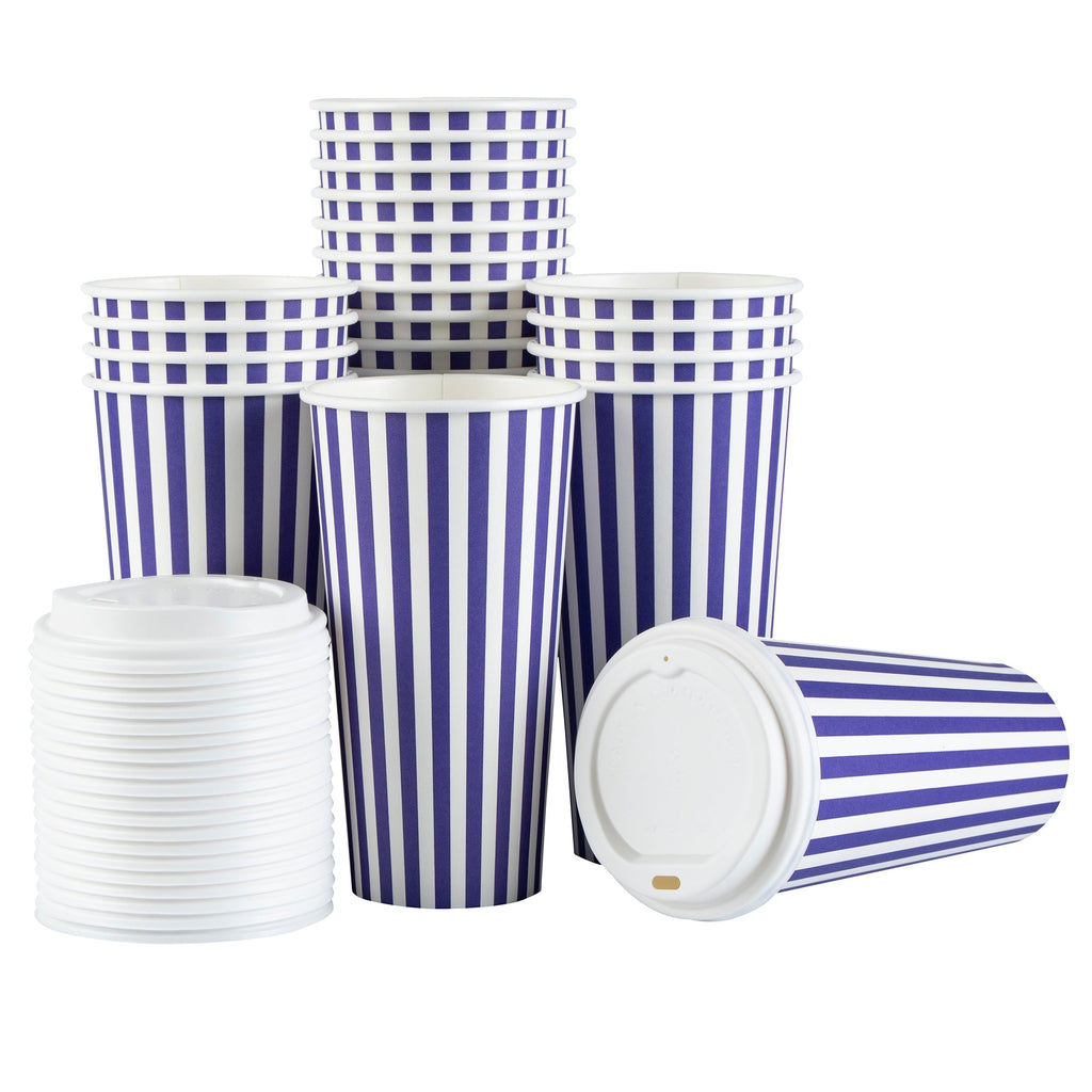 Restpresso 20 oz Purple and White Stripe Paper Single Wall Coffee Cup - with White Lid - 3 1/2"x 3 1/2"x 6 1/2" - 400 count box