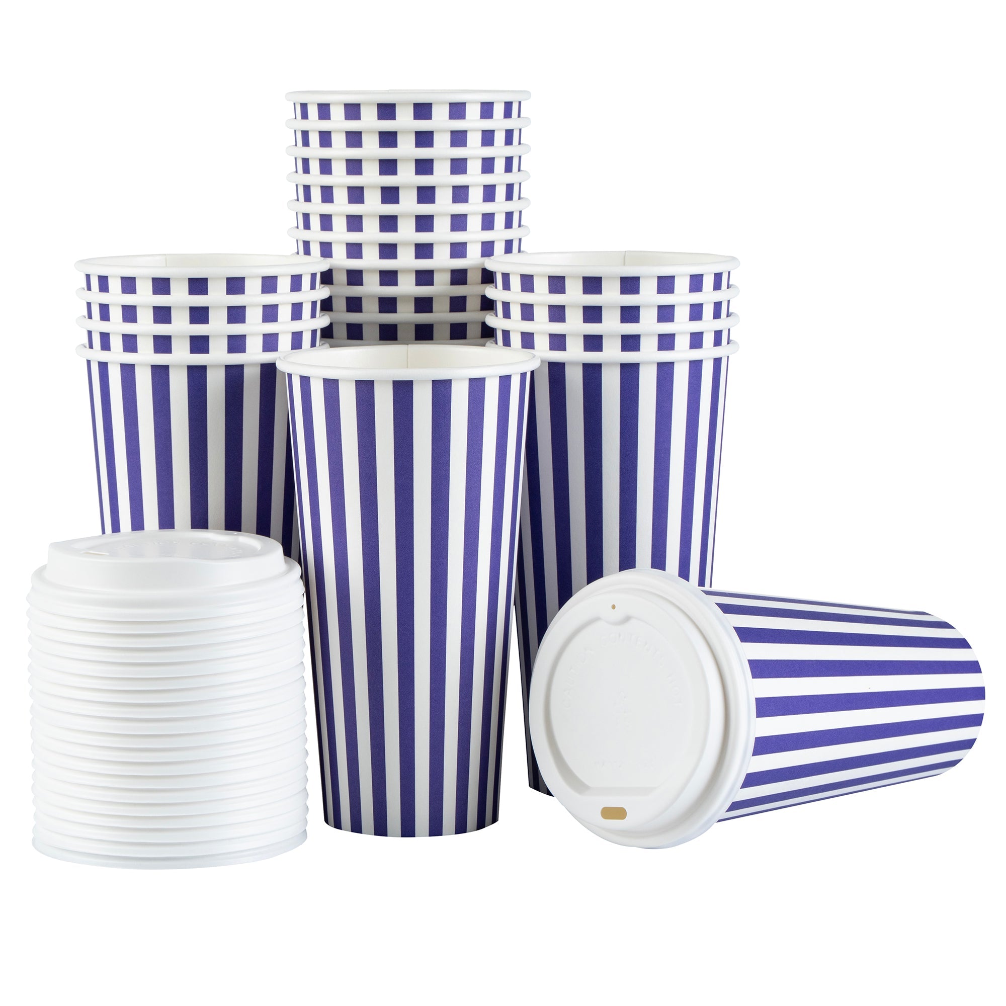 Restpresso 20 oz Purple and White Stripe Paper Single Wall Coffee Cup - with White Lid - 3 1/2"x 3 1/2"x 6 1/2" - 20 count box