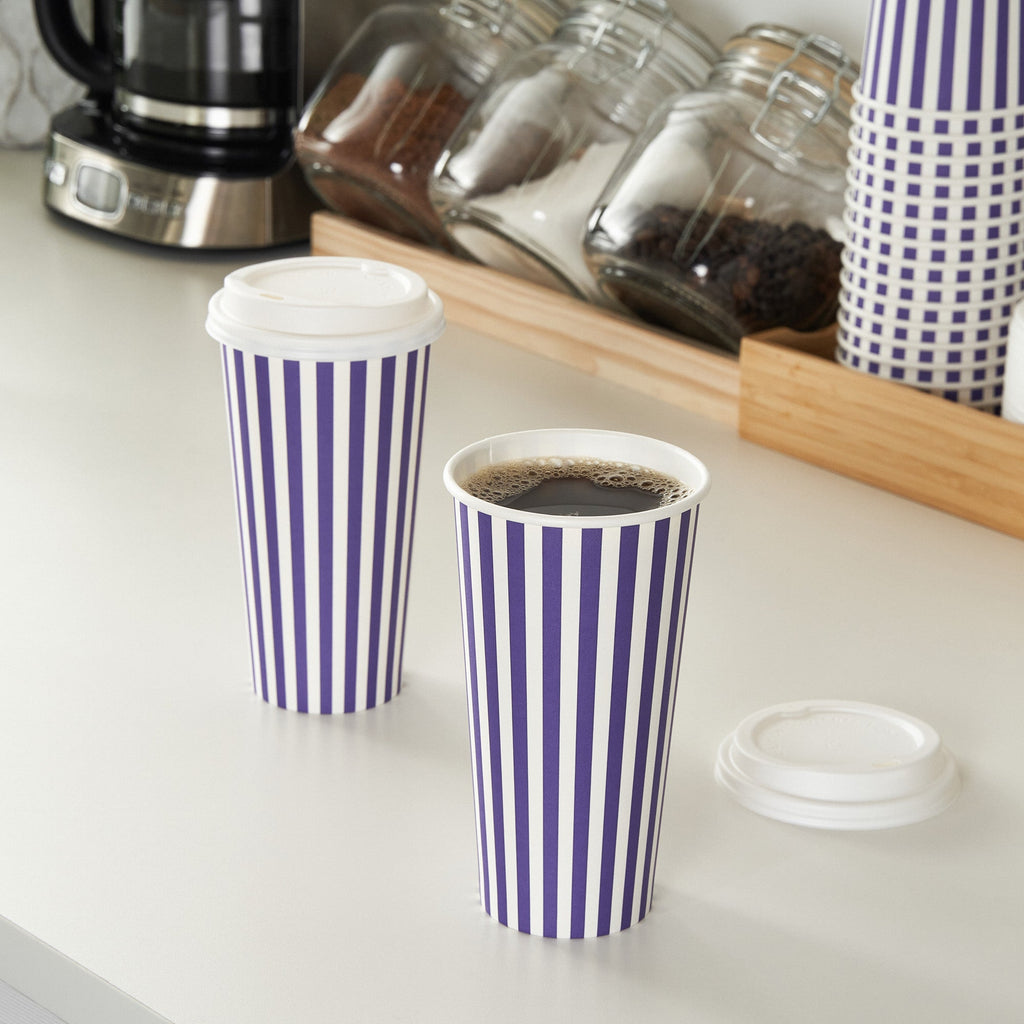 Restpresso 20 oz Purple and White Stripe Paper Single Wall Coffee Cup - with White Lid - 3 1/2"x 3 1/2"x 6 1/2" - 20 count box