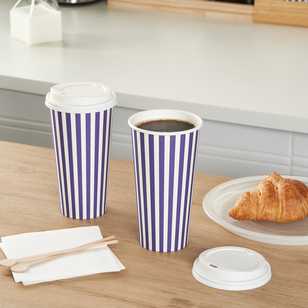 Restpresso 20 oz Purple and White Stripe Paper Single Wall Coffee Cup - with White Lid - 3 1/2"x 3 1/2"x 6 1/2" - 20 count box