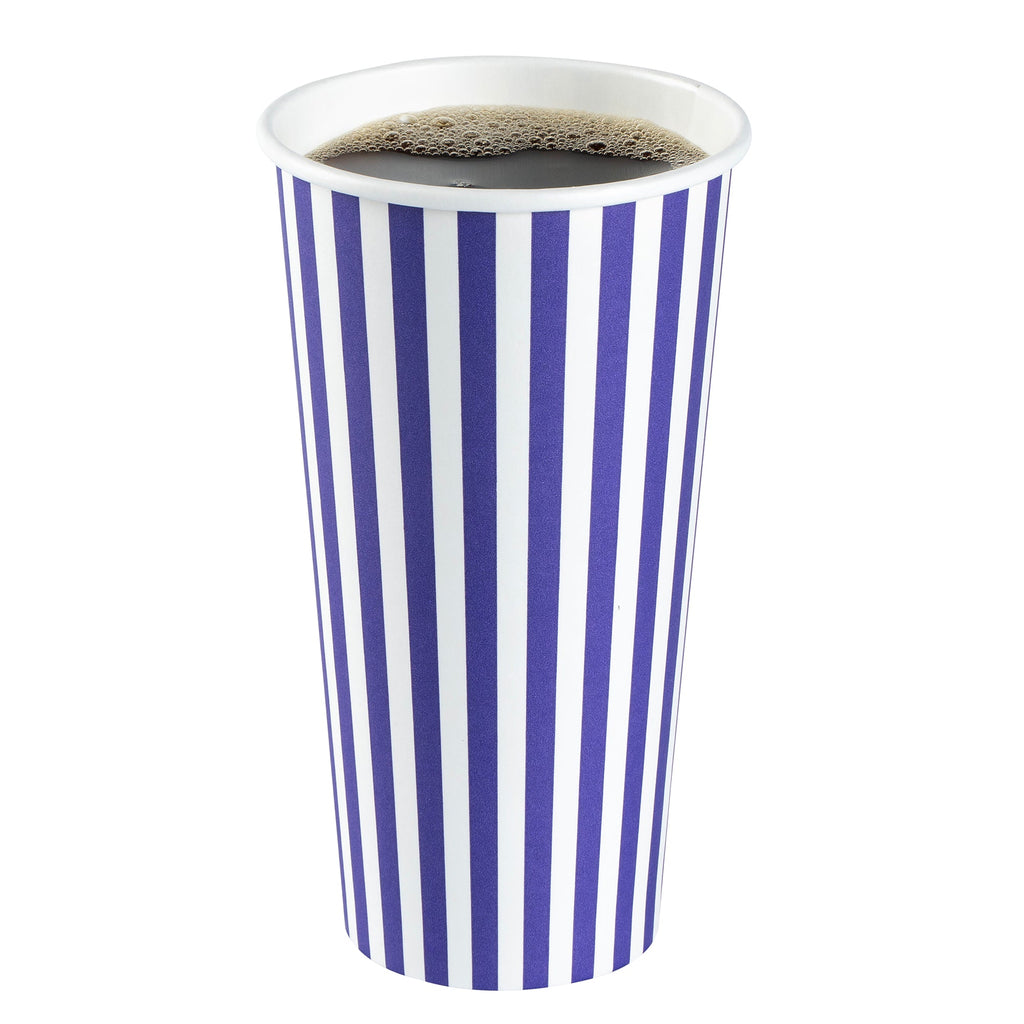 Restpresso 20 oz Purple and White Stripe Paper Single Wall Coffee Cup - with White Lid - 3 1/2"x 3 1/2"x 6 1/2" - 400 count box