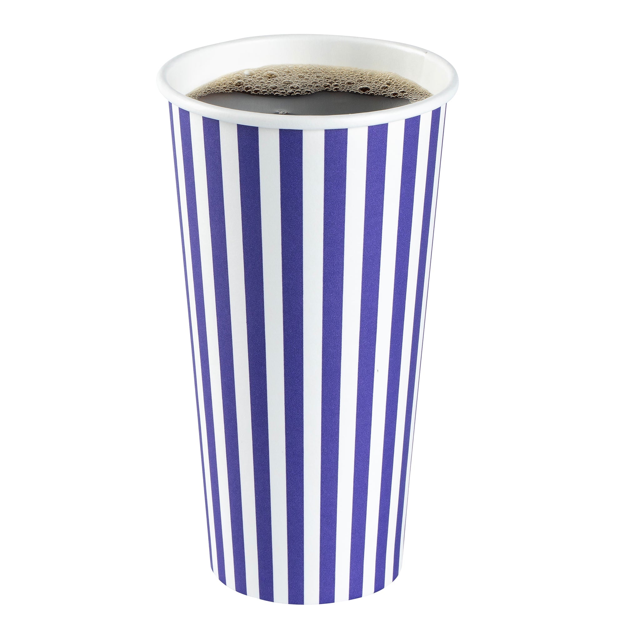 Restpresso 20 oz Purple and White Stripe Paper Single Wall Coffee Cup - with White Lid - 3 1/2"x 3 1/2"x 6 1/2" - 400 count box
