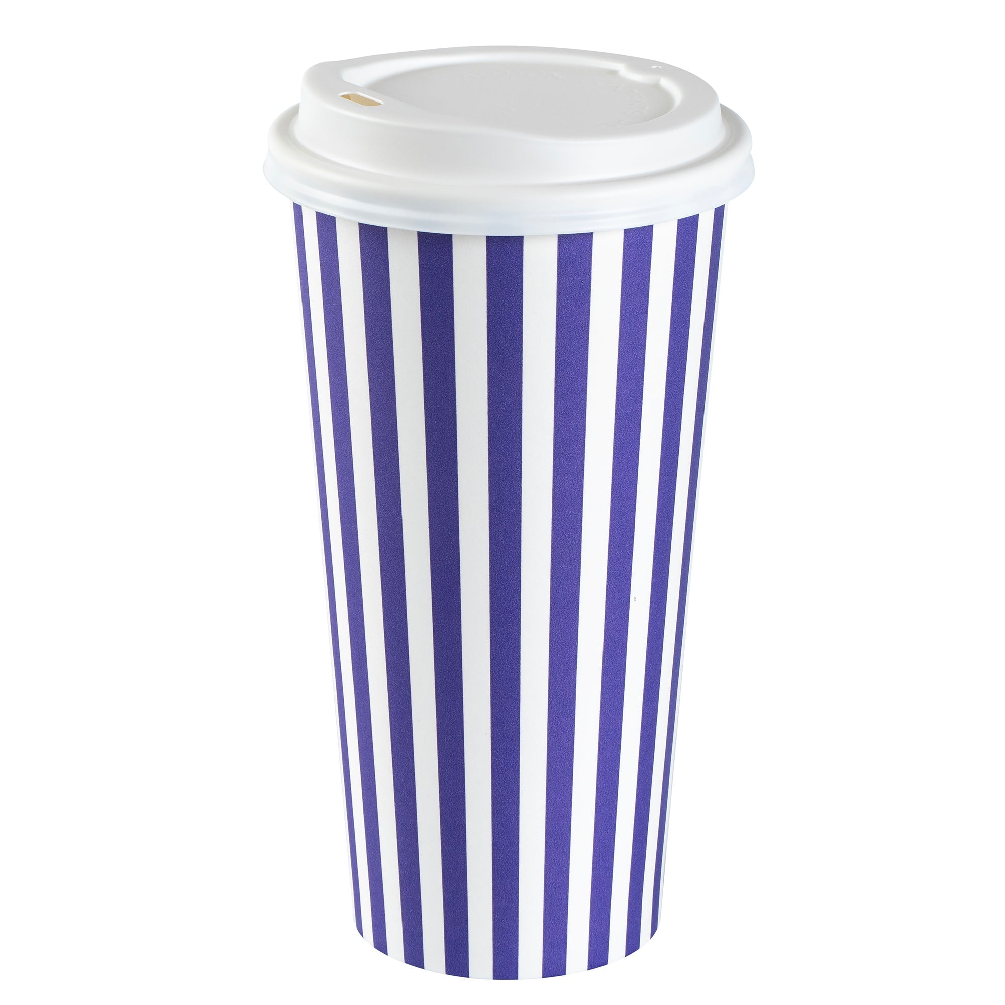 Restpresso 20 oz Purple and White Stripe Paper Single Wall Coffee Cup - with White Lid - 3 1/2"x 3 1/2"x 6 1/2" - 400 count box