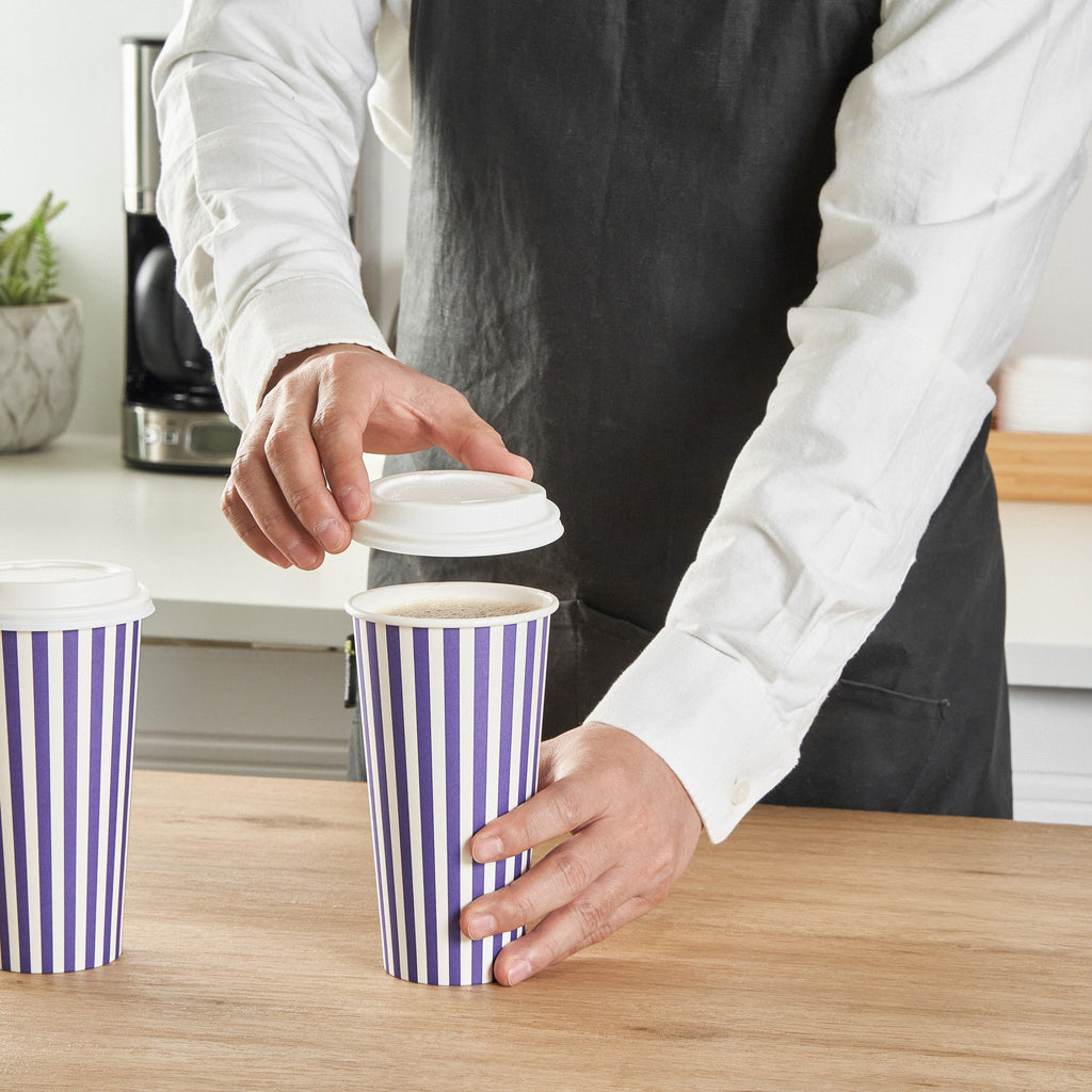 Restpresso 20 oz Purple and White Stripe Paper Single Wall Coffee Cup - with White Lid - 3 1/2"x 3 1/2"x 6 1/2" - 400 count box