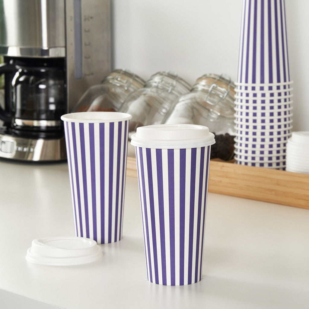 Restpresso 20 oz Purple and White Stripe Paper Single Wall Coffee Cup - with White Lid - 3 1/2"x 3 1/2"x 6 1/2" - 400 count box