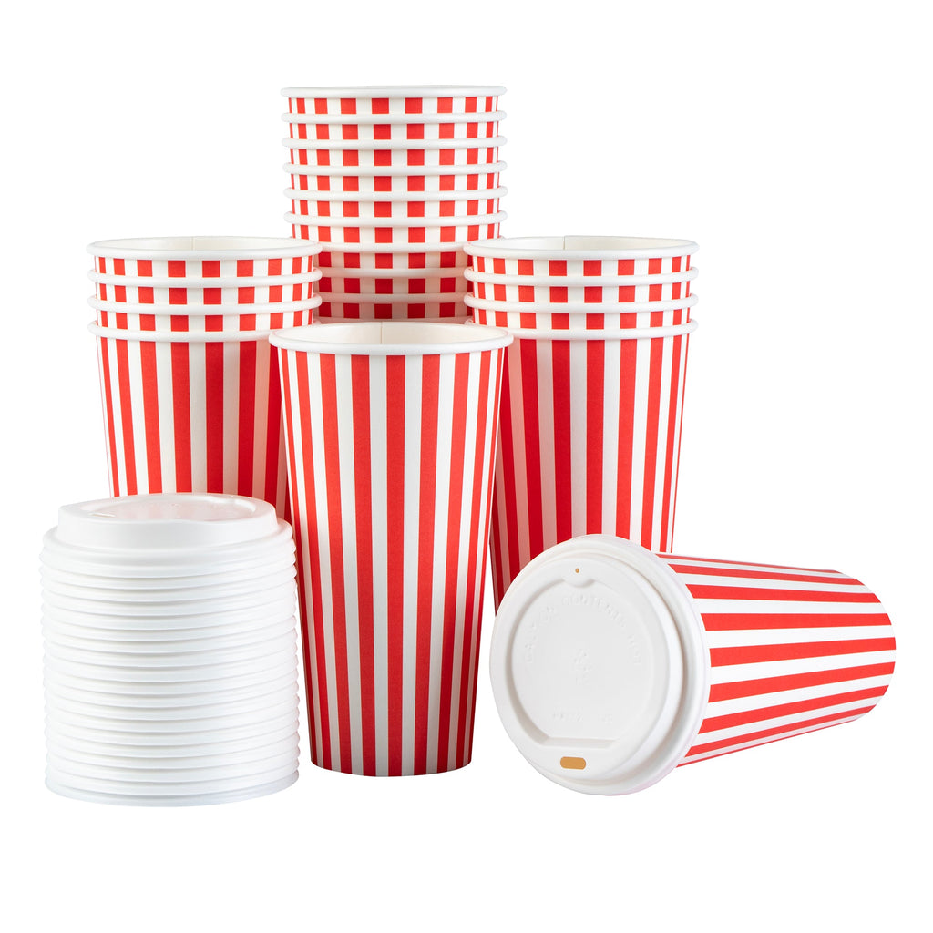 Restpresso 20 oz Red and White Stripe Paper Single Wall Coffee Cup - with White Lid - 3 1/2"x 3 1/2"x 6 1/2" - 20 count box