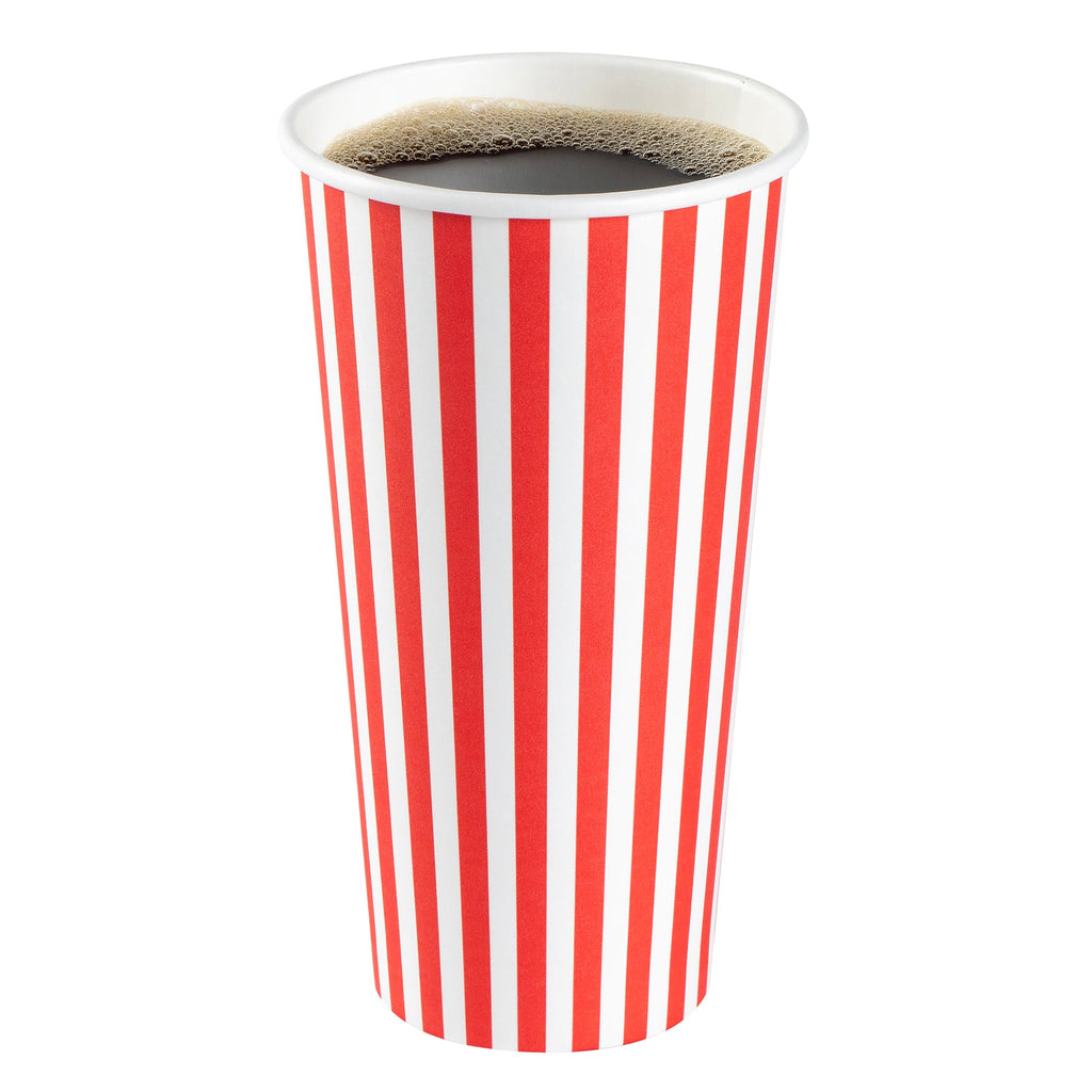 Restpresso 20 oz Red and White Stripe Paper Single Wall Coffee Cup - with White Lid - 3 1/2"x 3 1/2"x 6 1/2" - 20 count box