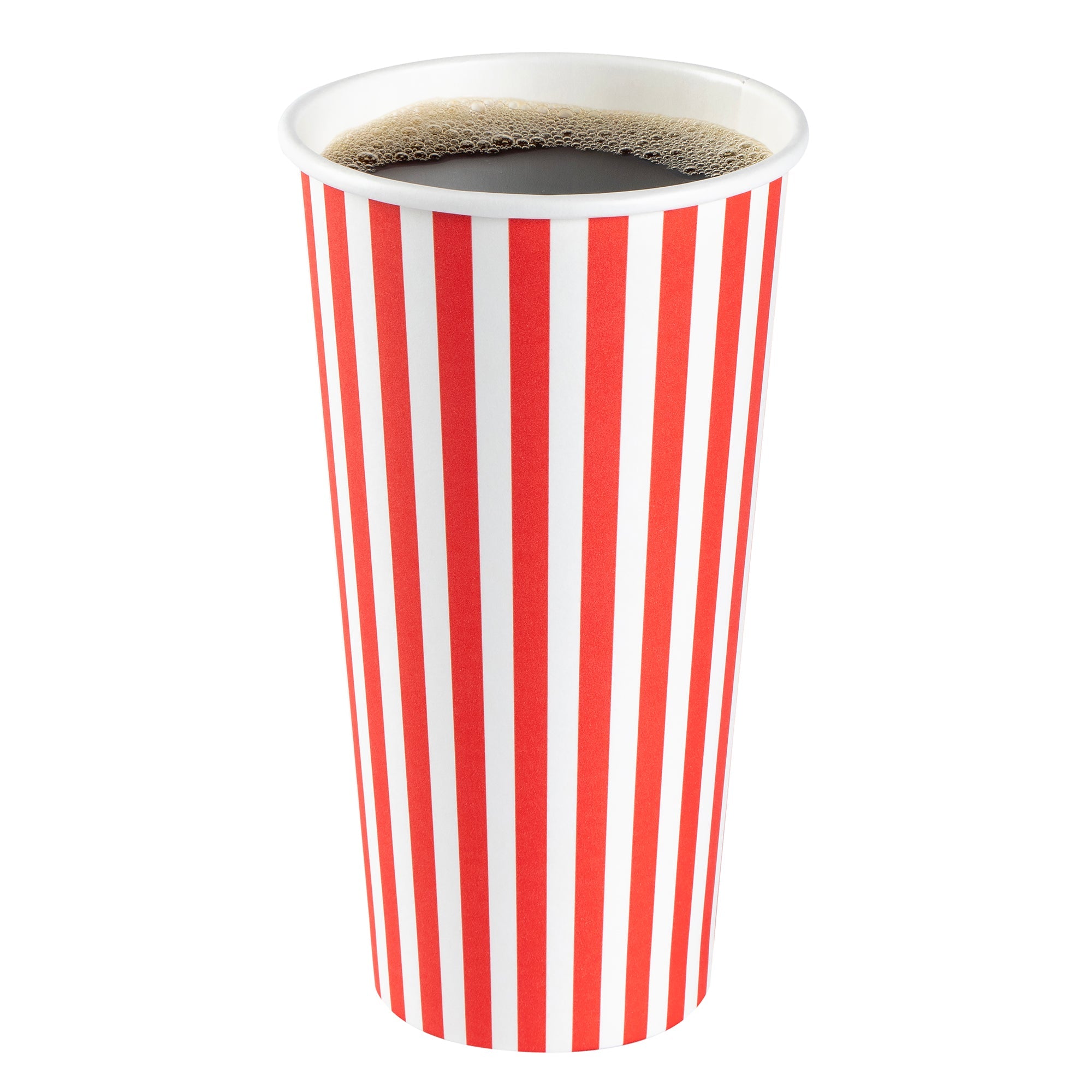 Restpresso 20 oz Red and White Stripe Paper Single Wall Coffee Cup - with White Lid - 3 1/2"x 3 1/2"x 6 1/2" - 20 count box