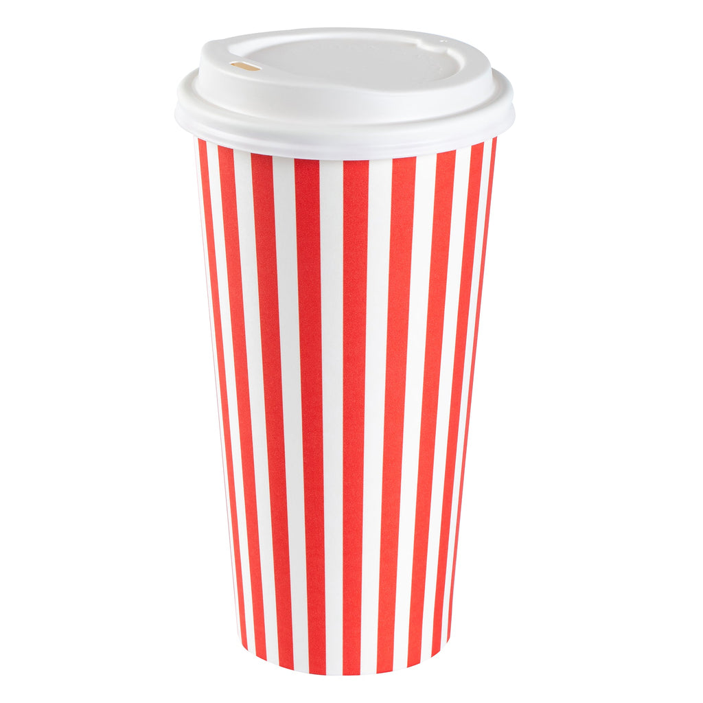 Restpresso 20 oz Red and White Stripe Paper Single Wall Coffee Cup - with White Lid - 3 1/2"x 3 1/2"x 6 1/2" - 20 count box