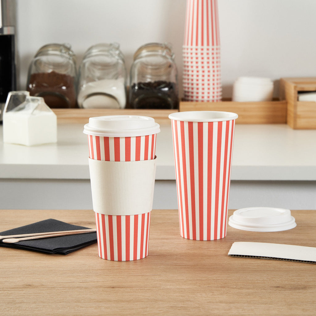 Restpresso 20 oz Red and White Stripe Paper Single Wall Coffee Cup - with White Lid - 3 1/2"x 3 1/2"x 6 1/2" - 20 count box