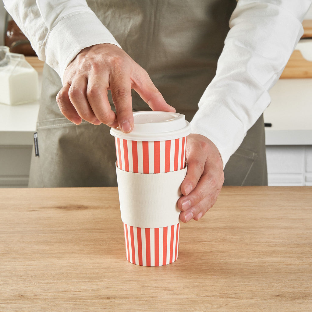 Restpresso 20 oz Red and White Stripe Paper Single Wall Coffee Cup - with White Lid - 3 1/2"x 3 1/2"x 6 1/2" - 400 count box