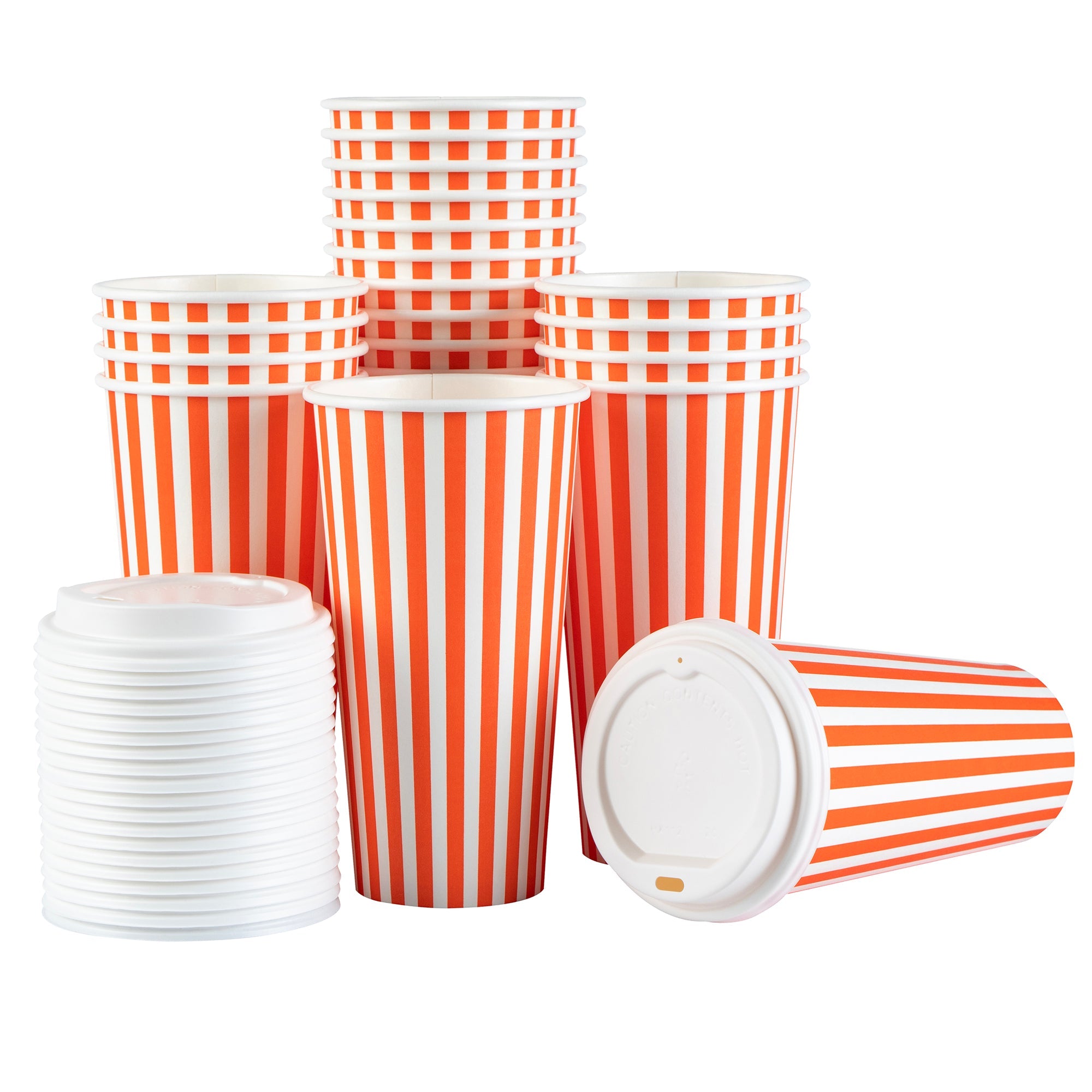 Restpresso 20 oz Orange and White Stripe Paper Single Wall Coffee Cup - with White Lid - 3 1/2"x 3 1/2"x 6 1/2" - 20 count box