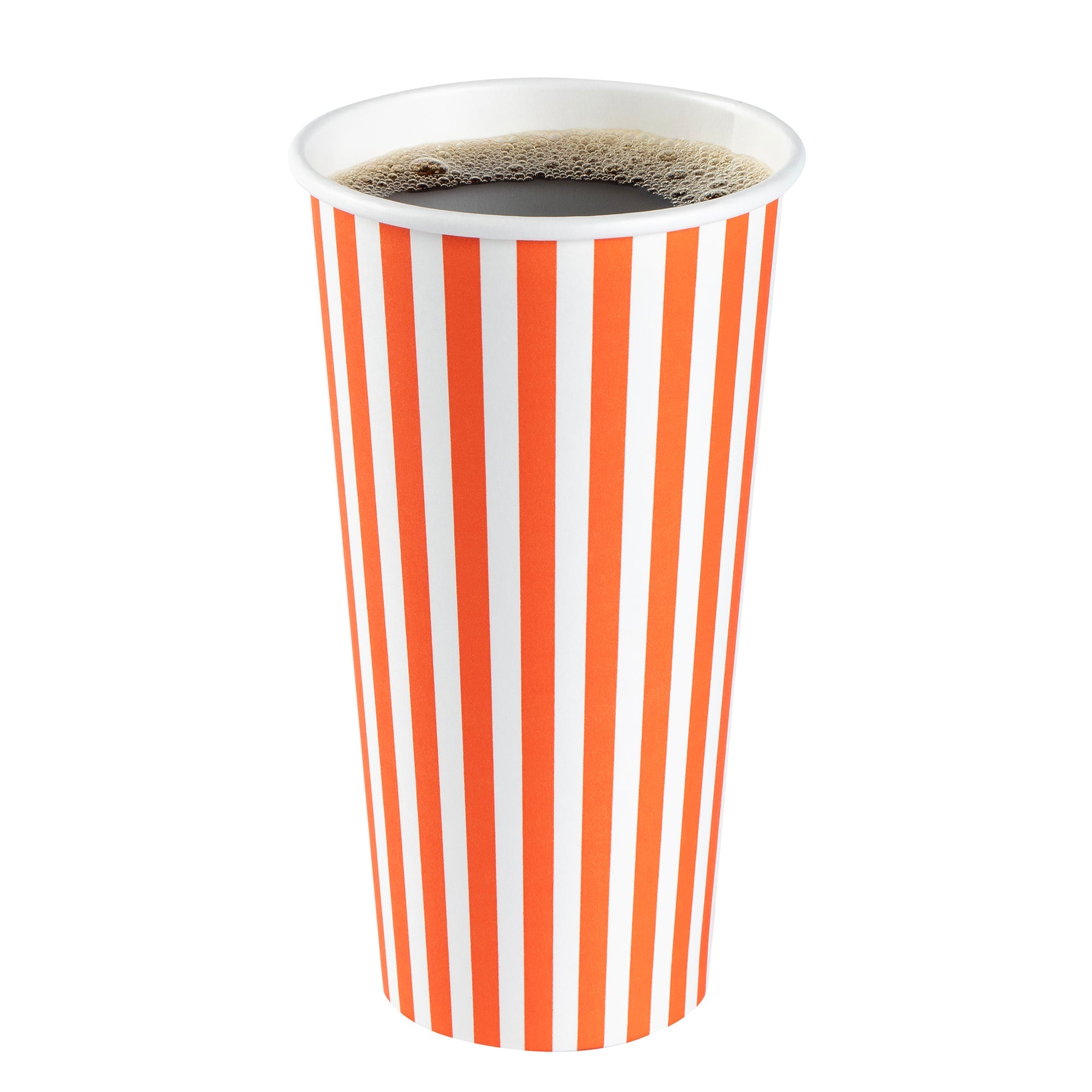 Restpresso 20 oz Orange and White Stripe Paper Single Wall Coffee Cup - with White Lid - 3 1/2"x 3 1/2"x 6 1/2" - 20 count box