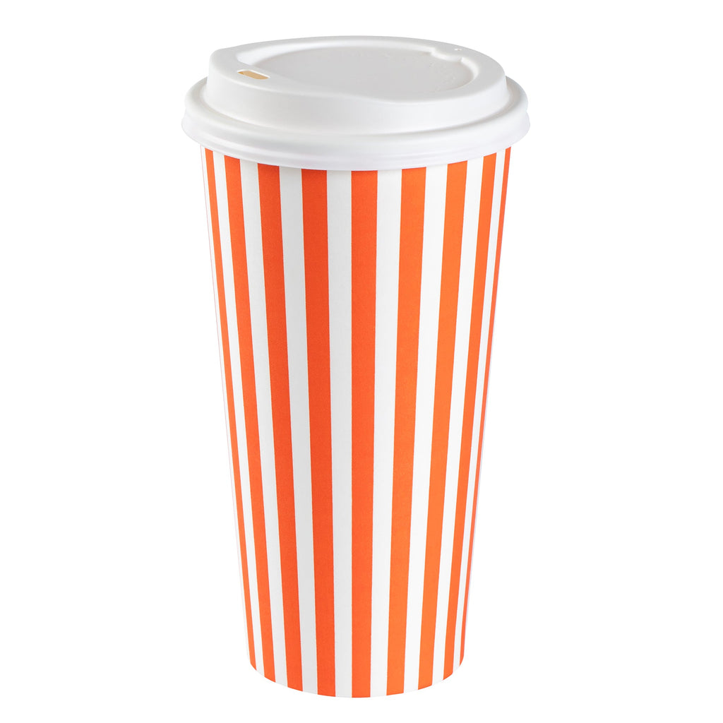 Restpresso 20 oz Orange and White Stripe Paper Single Wall Coffee Cup - with White Lid - 3 1/2"x 3 1/2"x 6 1/2" - 20 count box