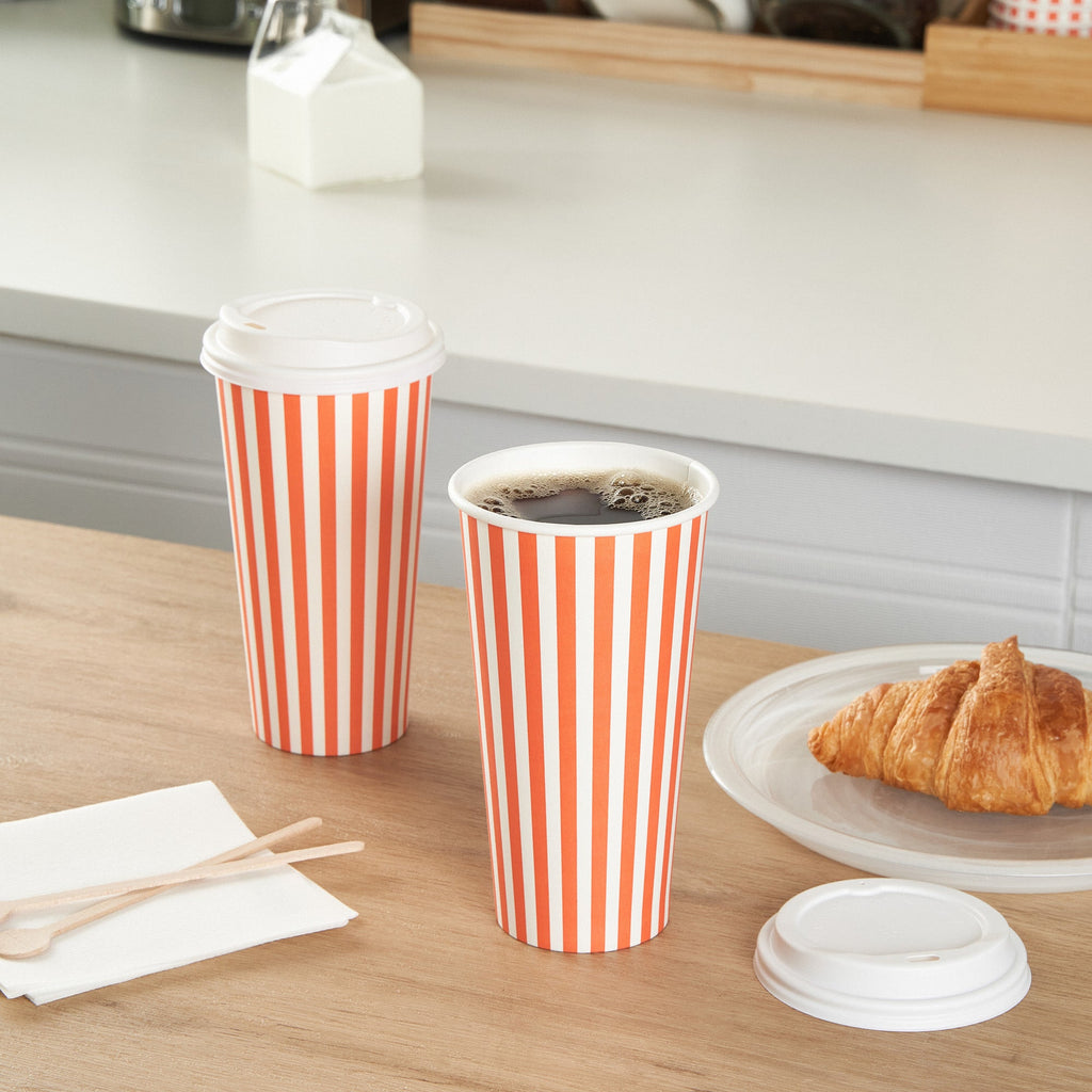 Restpresso 20 oz Orange and White Stripe Paper Single Wall Coffee Cup - with White Lid - 3 1/2"x 3 1/2"x 6 1/2" - 20 count box
