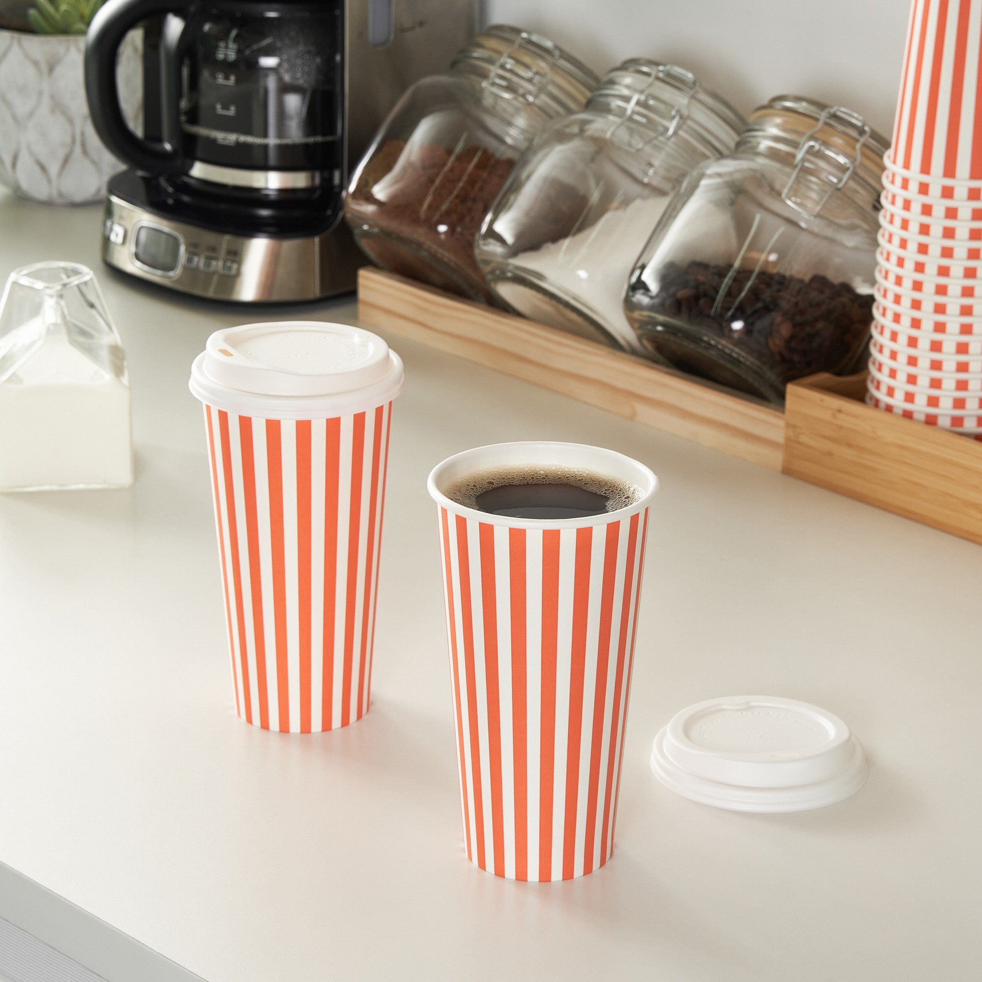 Restpresso 20 oz Orange and White Stripe Paper Single Wall Coffee Cup - with White Lid - 3 1/2"x 3 1/2"x 6 1/2" - 400 count box